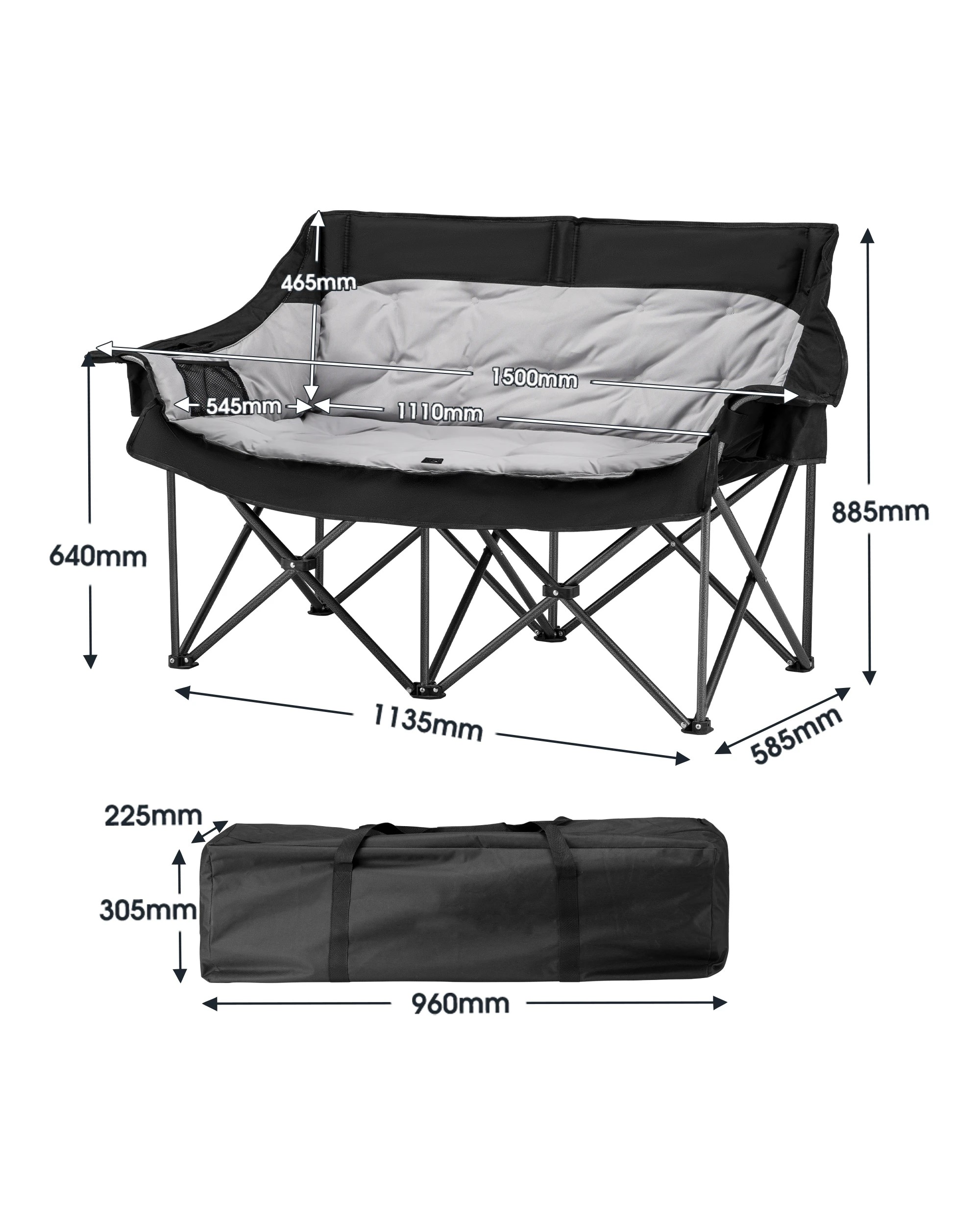 9 San Hima Folding Double Camping Chair 295KG Padded W/ Cup Holders & Pocket Black, 9 of 9