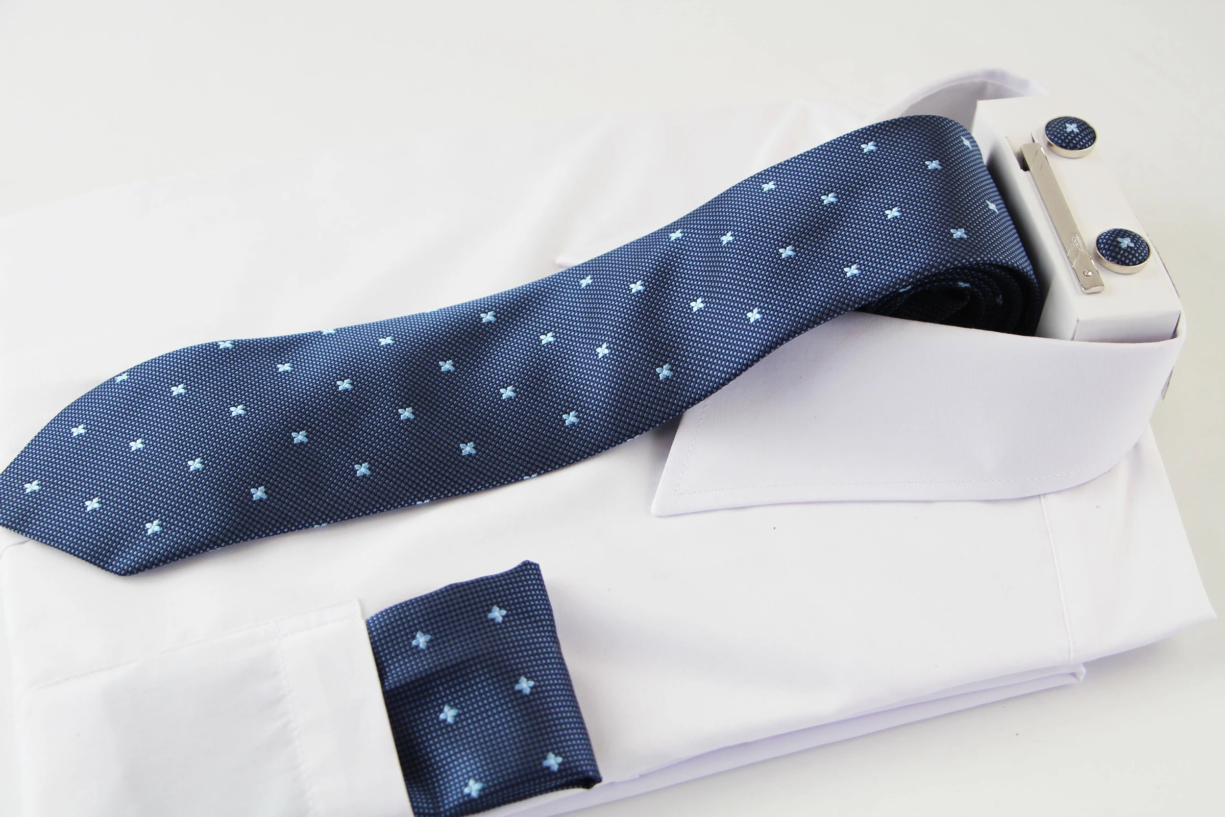 1 Zasel Mens Blue Dotted And Floral Matching Neck Tie, Pocket Square, Cuff Links And Tie Clip Set - Multi - Multi, 1 of 4
