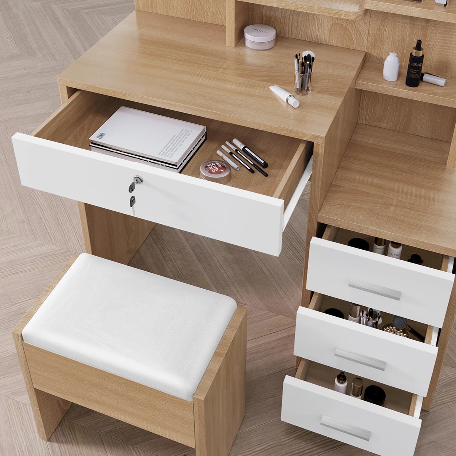 3 Alfordson Dressing Table Stool LED Makeup Mirror Vanity Desk - Natural, 3 of 10