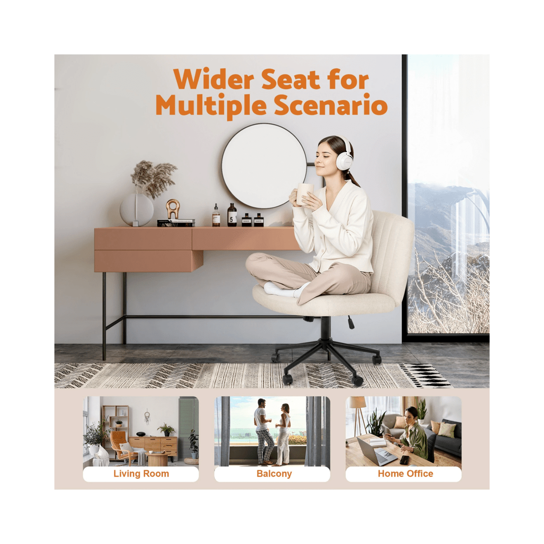 9 Advwin Armless Cross-Legged Office Chair Swivel Vanity Chair Beige, 9 of 9