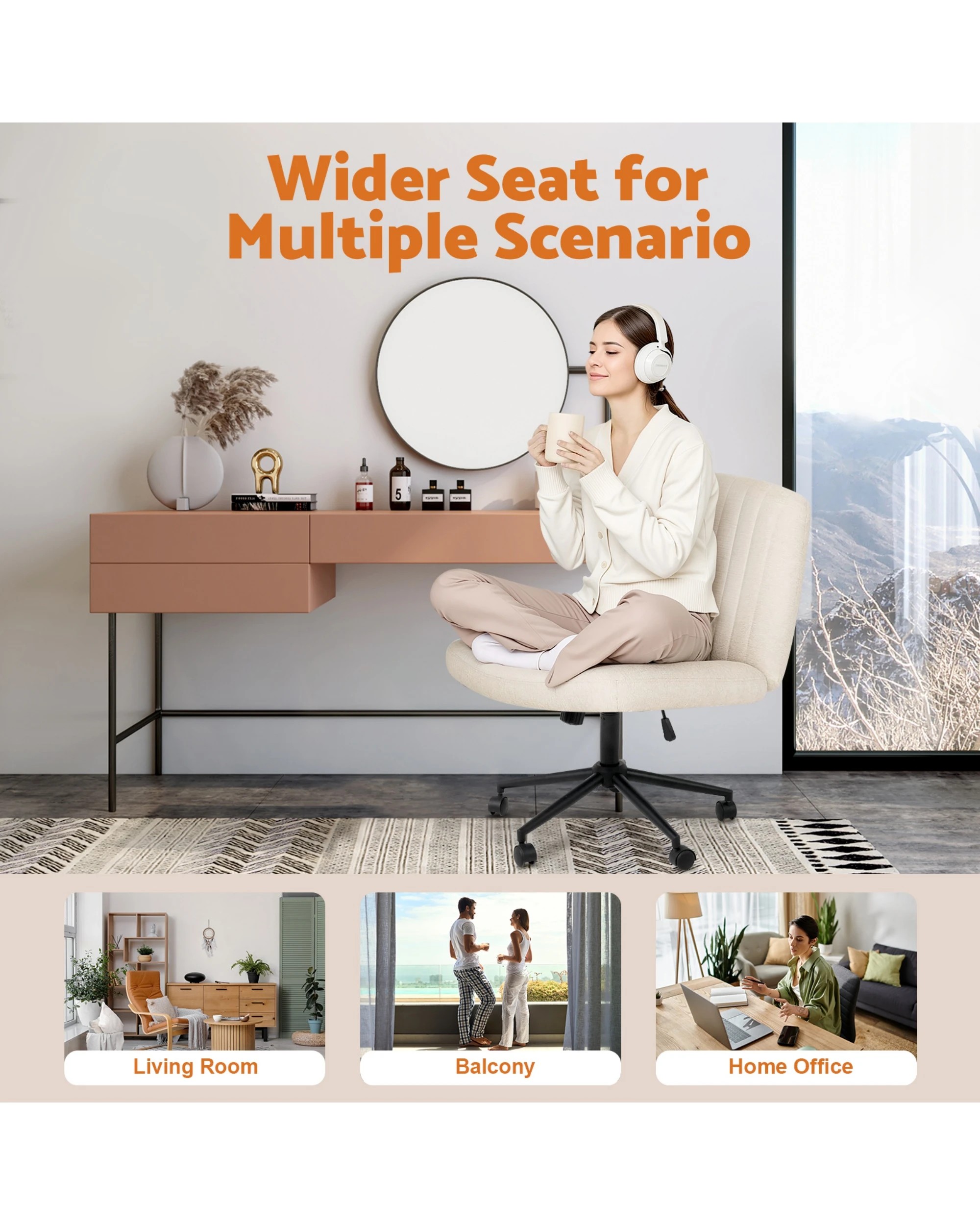 9 Advwin Armless Cross-Legged Office Chair Swivel Vanity Chair Beige, 9 of 9