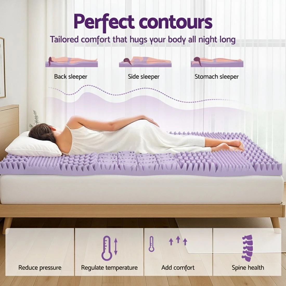 4 Giselle 8cm Memory Foam Mattress Topper Lavender Infused Bamboo Cover 7-Zone - Queen Bed - Purple, 4 of 9
