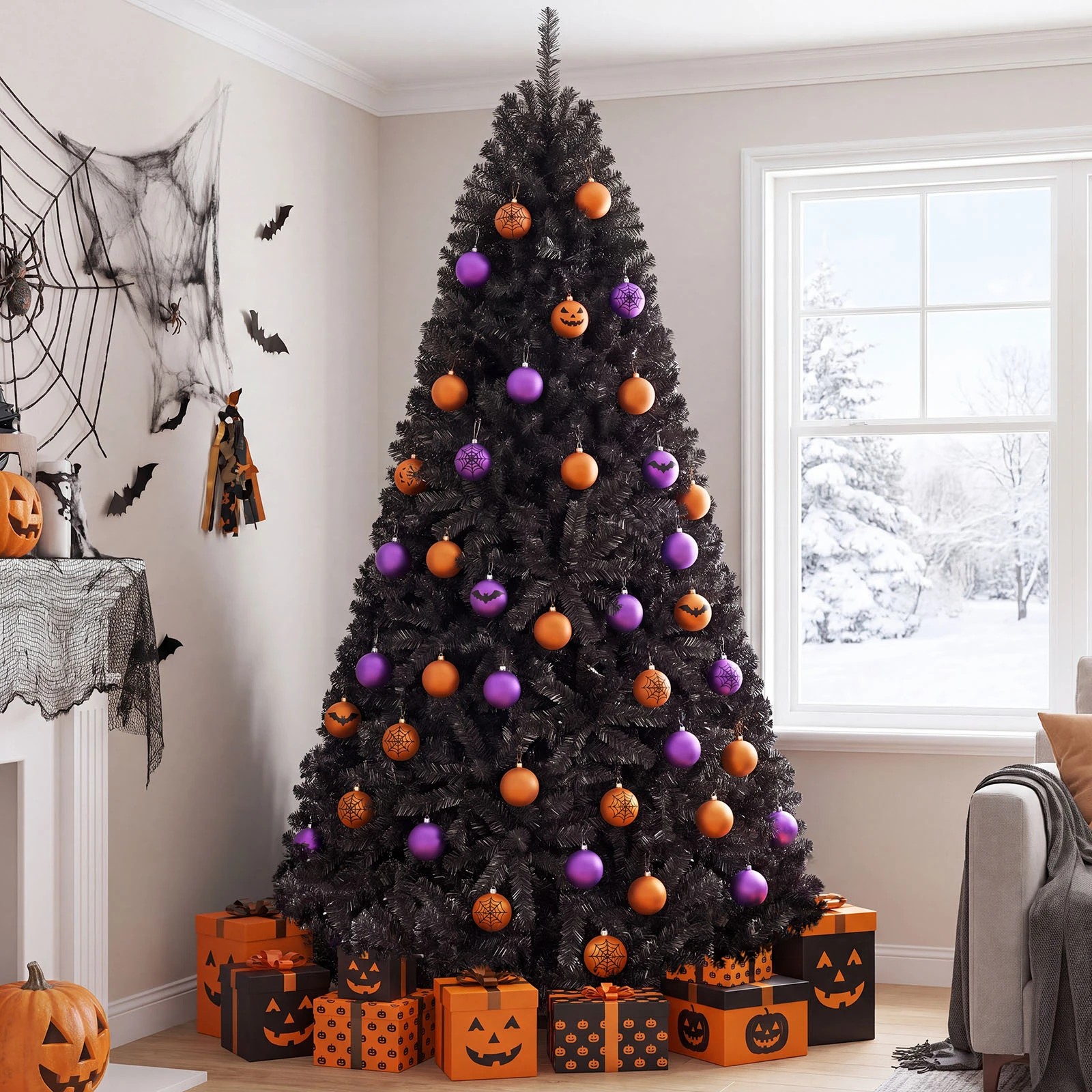 Costway 228cm Black Artificial Halloween Christmas Tree w/1258 Tips ...