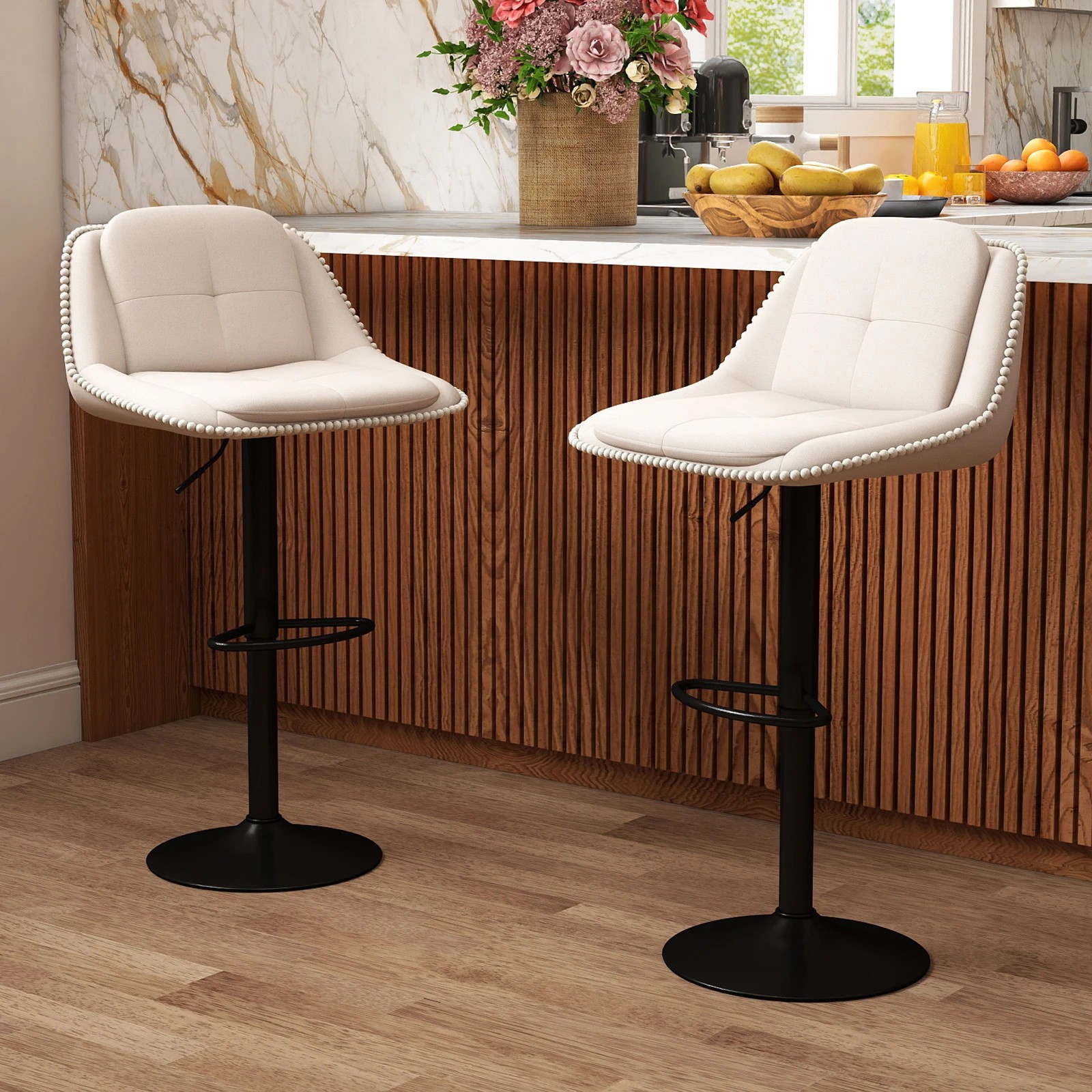 2 Costway Swivel Bar Stools Set 2x Adjustable Counter Bar Chairs Upholstered Barstools, 2 of 4