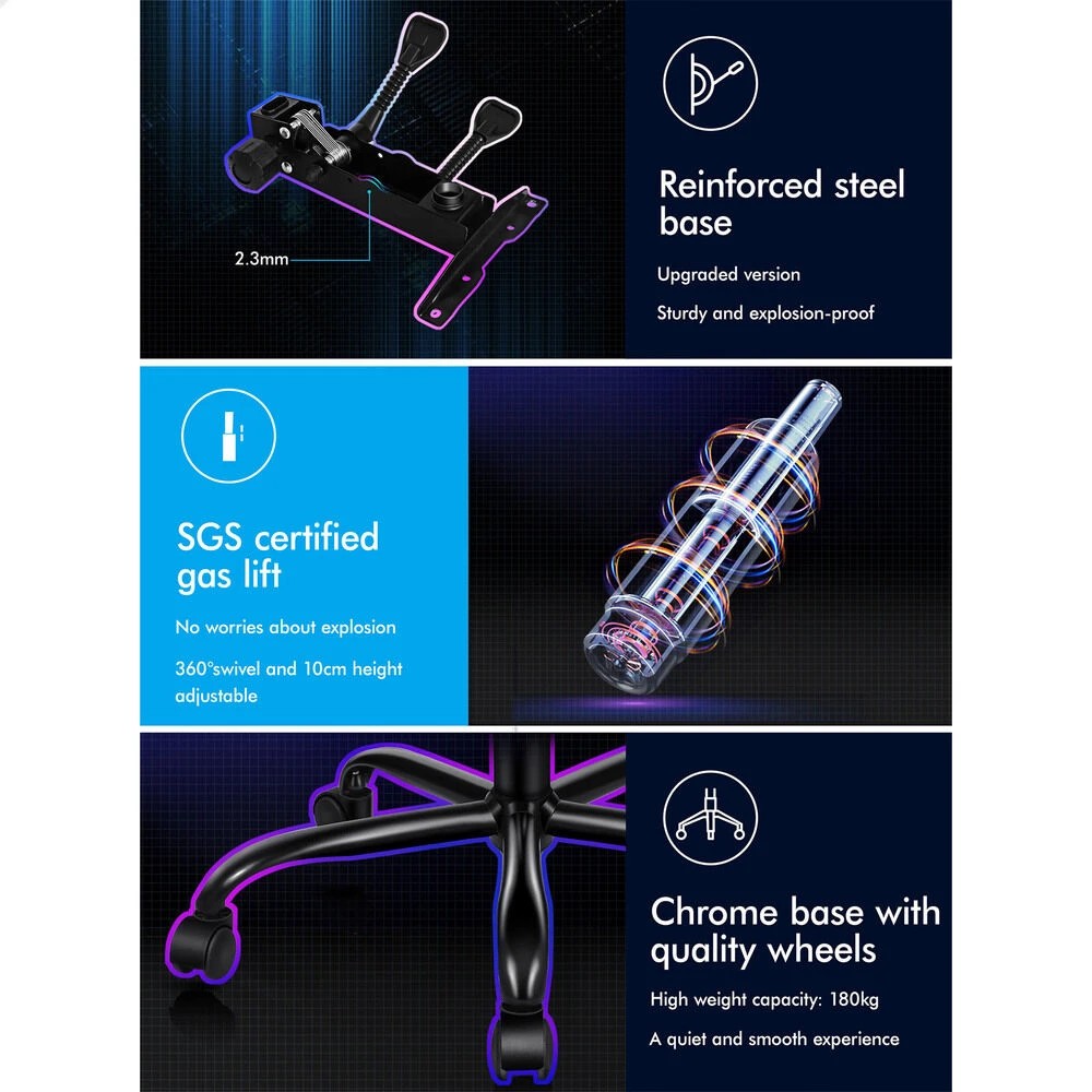 9 Alfordson Gaming Chair Office Massage 12 RGB LED Computer Seat PU Leather - Red, 9 of 10