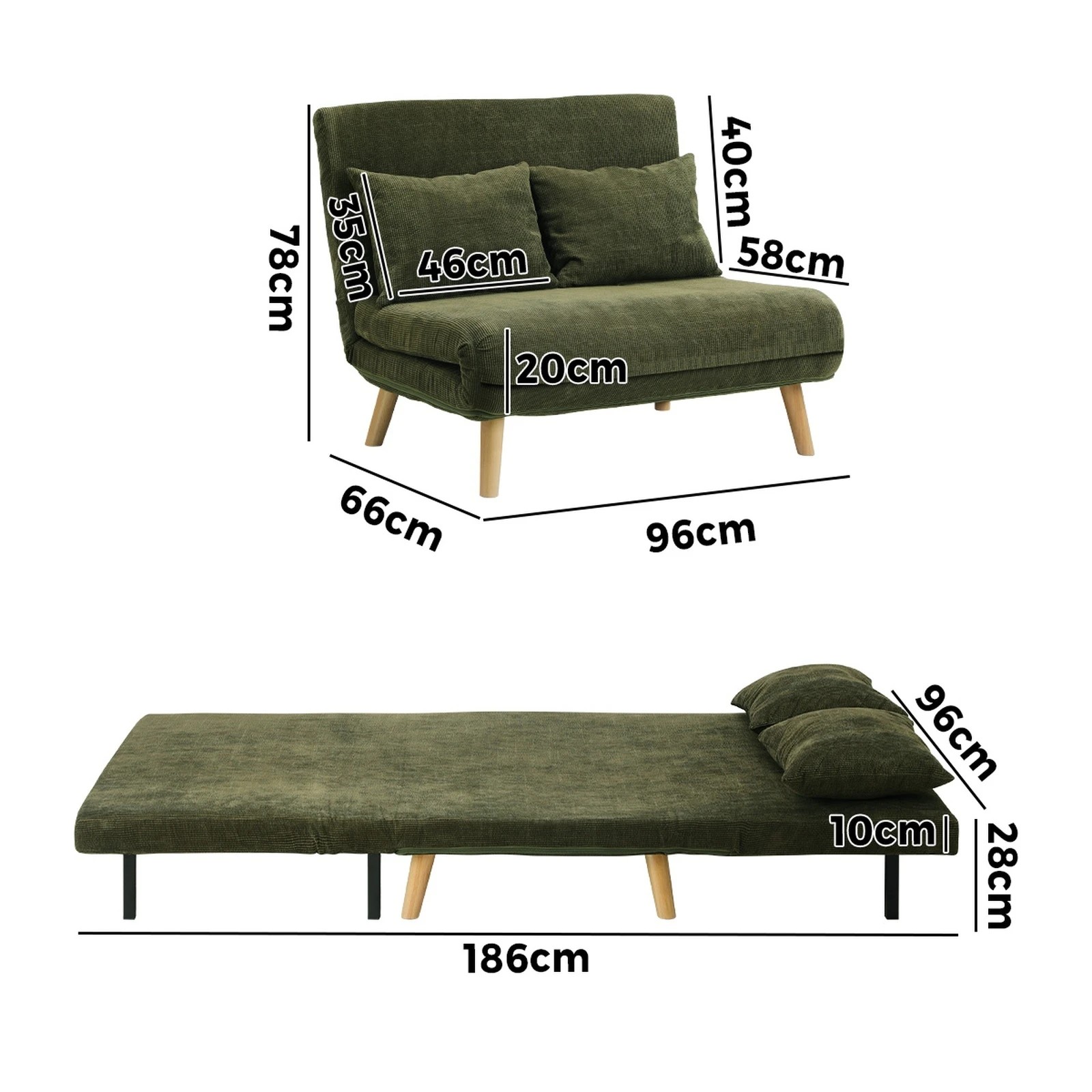 8 Oikiture Sofa Bed Lounge Chair Polyester Recliner Wood Leg 2 Seater
 - Green, 8 of 8