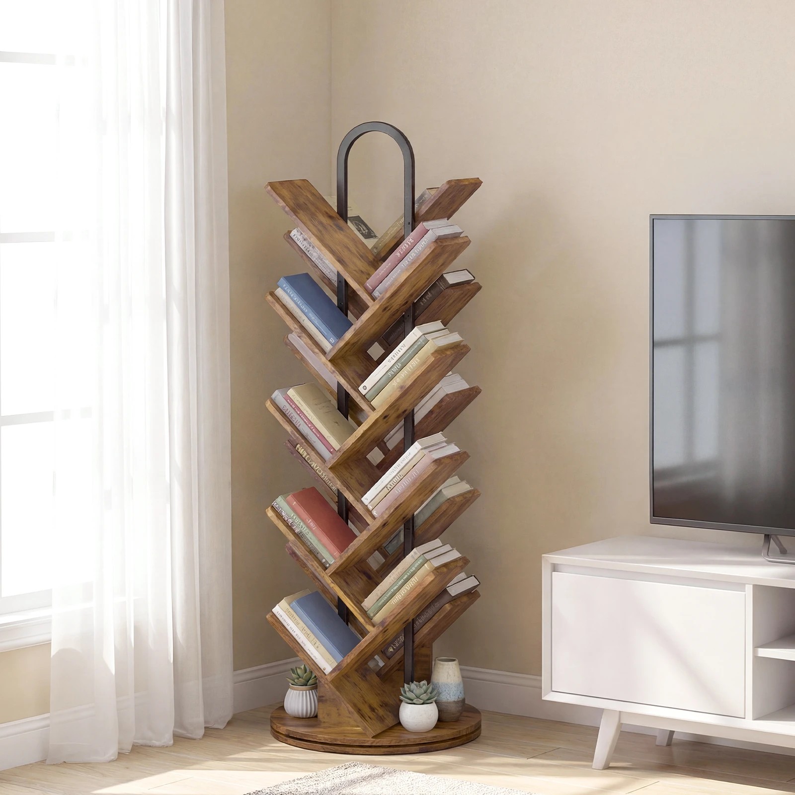 2 Advwin 16-Tier Tree Rotating Bookshelf Narrow Bookcase - Brown, 2 of 6