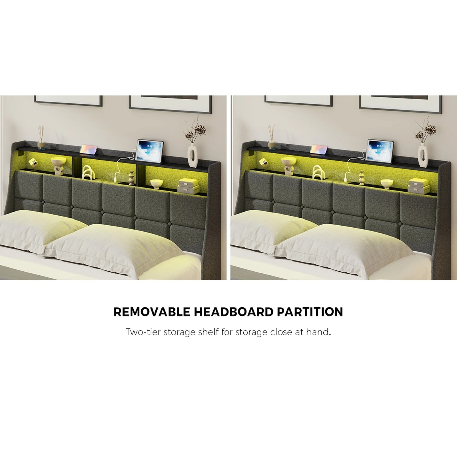 6 Oikiture Queen Bed Frame With LED Storage Headboard 2 Drawers & Charging Station - Grey, 6 of 7