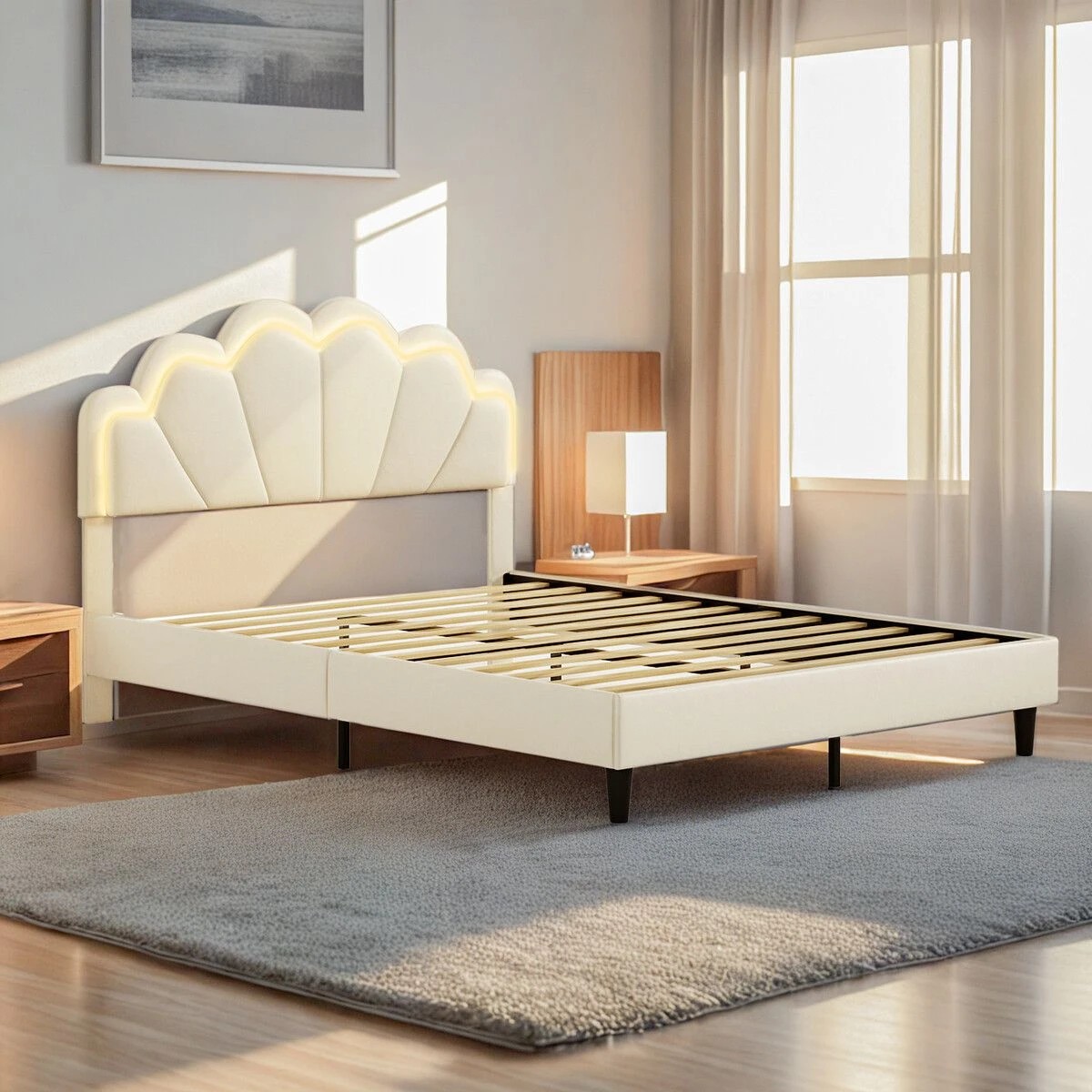 4 AUSWAY Wood Queen Bed Frame with LED Headboard Metal, 4 of 5
