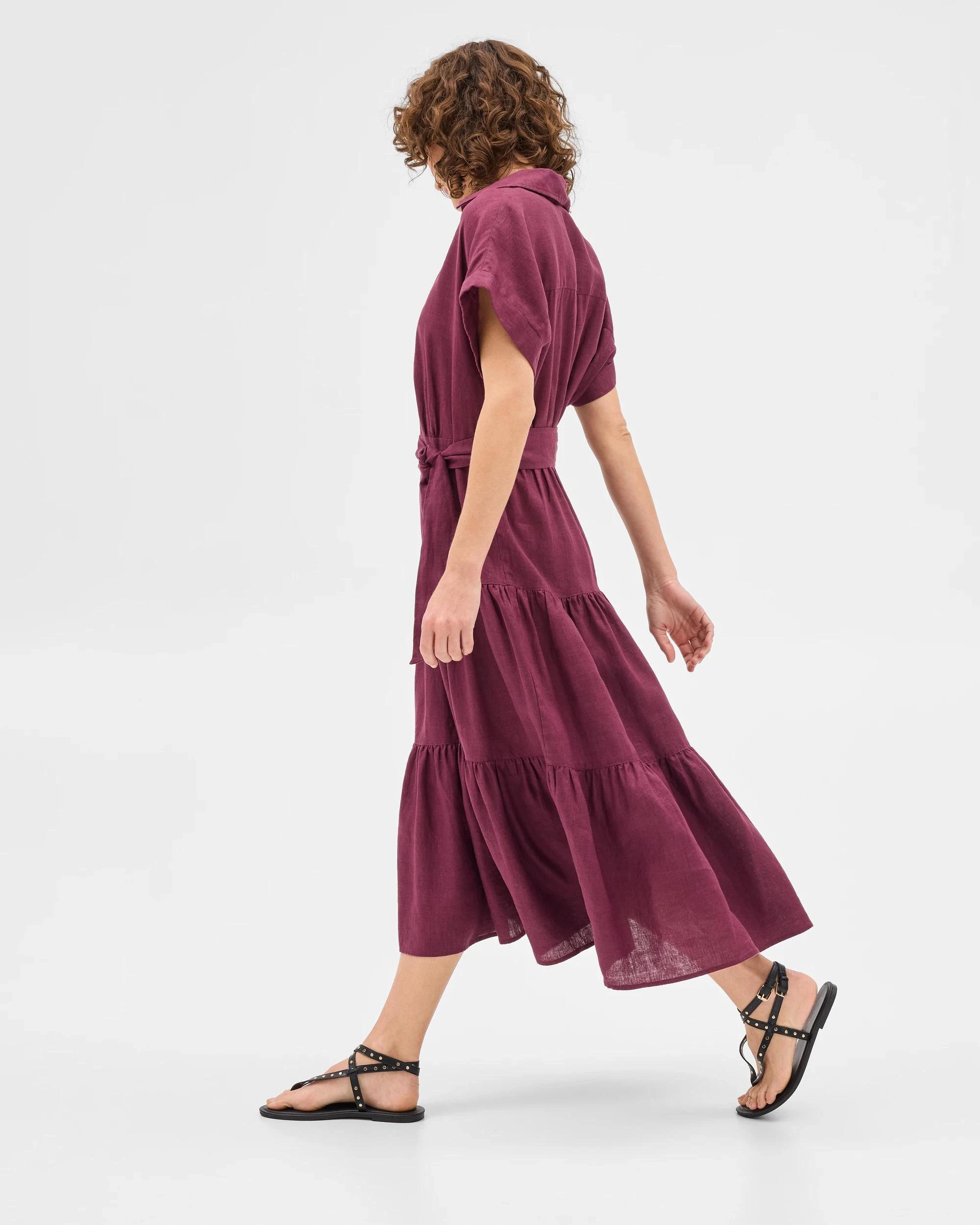 3 Target Woman European Linen Tiered Wrap Midi Dress MAUVE WINE, 3 of 6