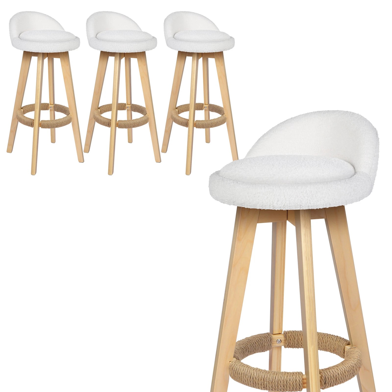 1 Alfordson 4x Kitchen Bar Stools Liam Wooden Swivel Chairs Boucle - White, 1 of 10
