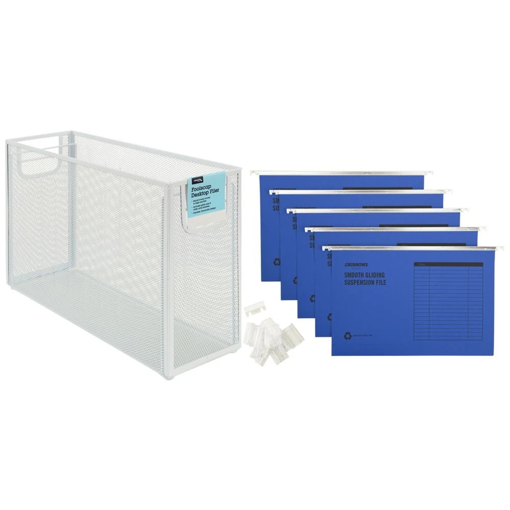 1 J.Burrows Suspension File Holder w/ 10 Foolscap Files Blu/Wht, 1 of 3