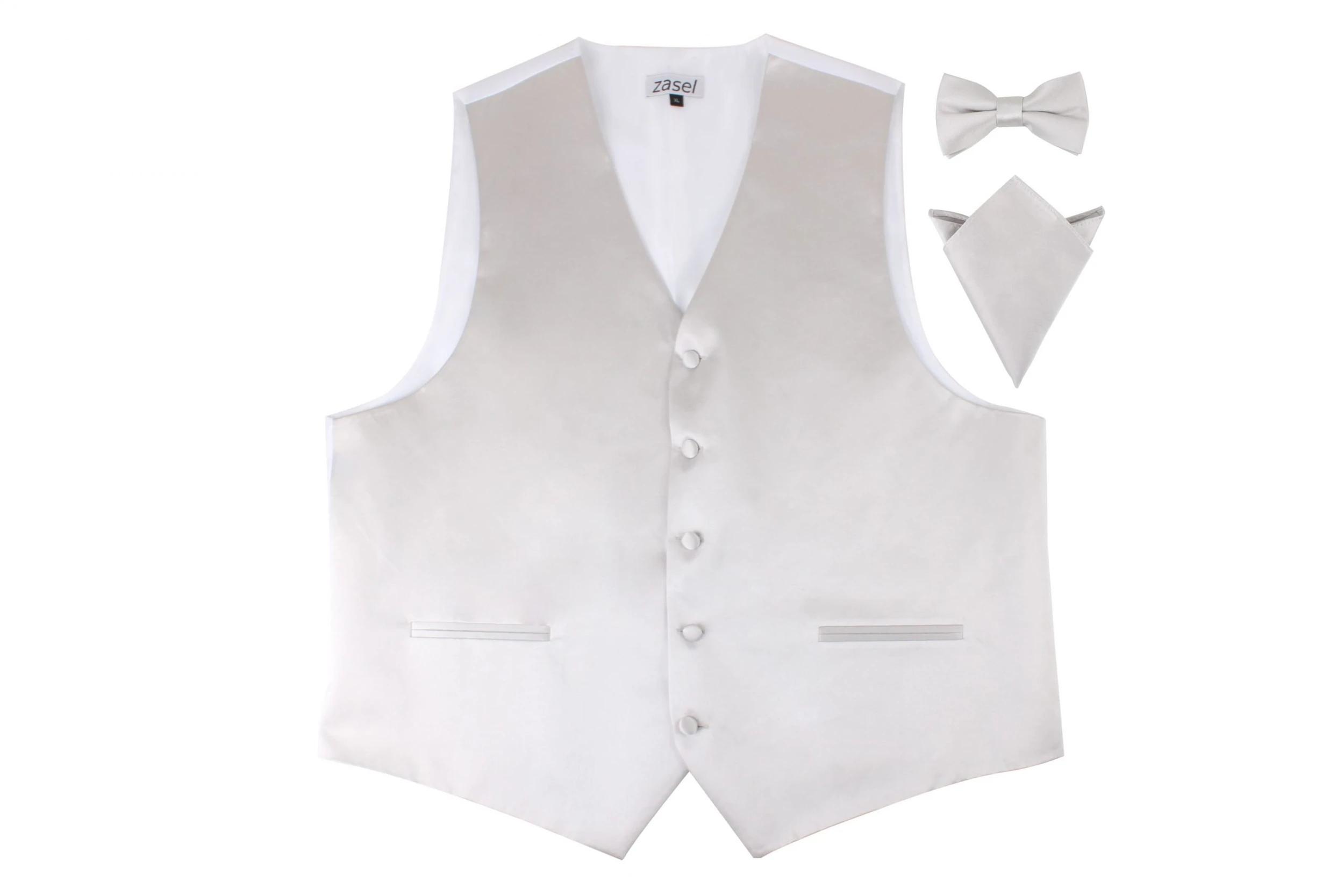 1 Zasel Mens Plain Vest Waistcoat & Matching Bow Tie & Pocket Square SILVER, 1 of 1