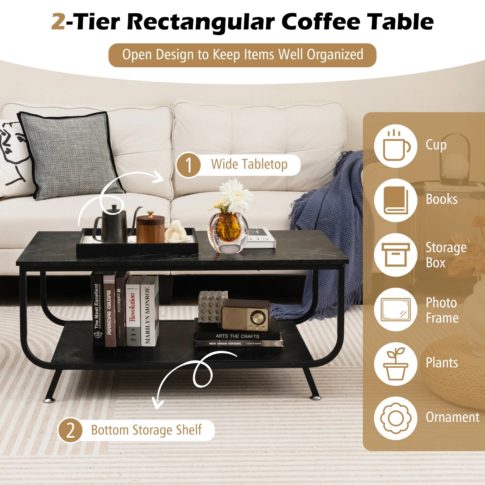 3 Costway 2-Tiers Faux Marble Coffee Table Rectangular Center Table, 3 of 8