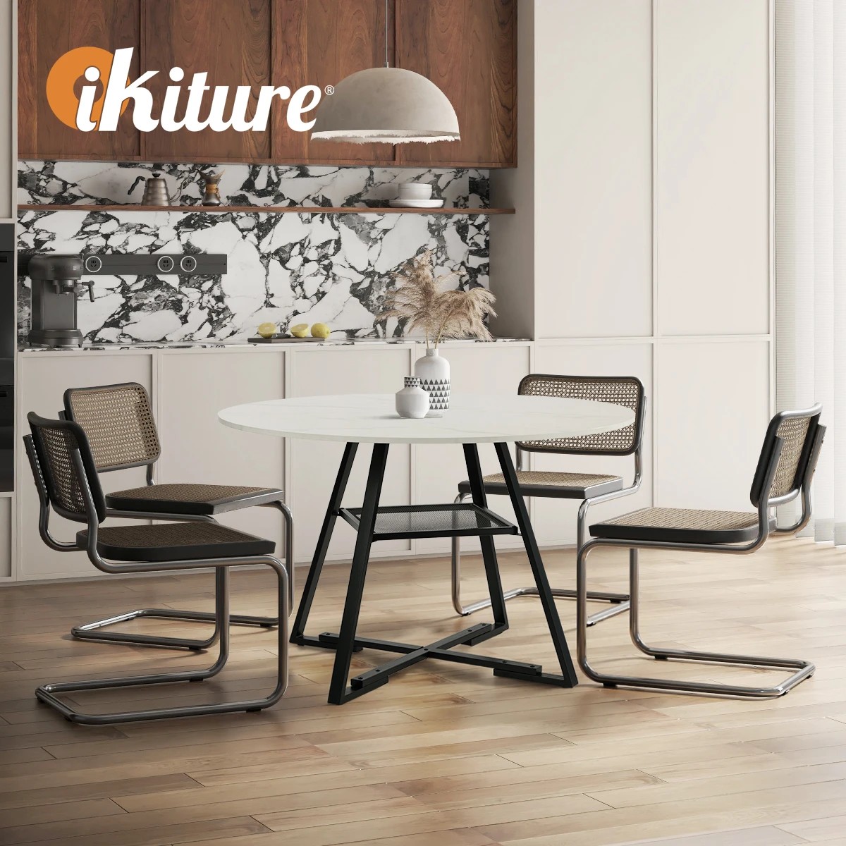 6 Oikiture 112cm Round Dining Table Marble-like Wooden Kitchen Furniture Black& - White, 6 of 9