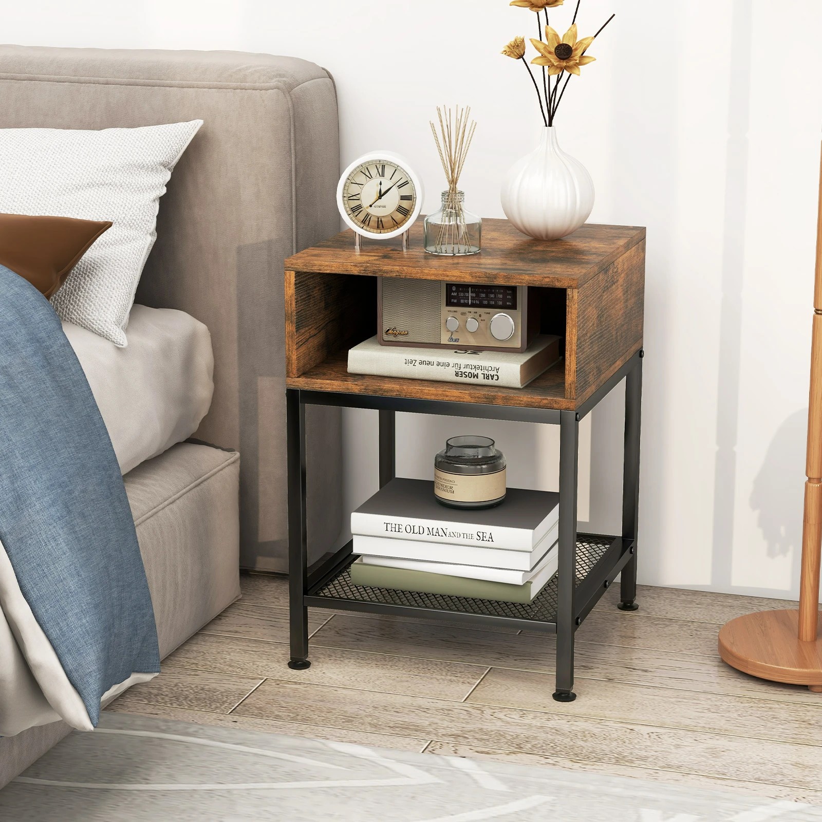 2 Costway Retro End Bedside Table Nightstand w/Mesh Shelf & Storage Cube Sofa Side Table, 2 of 3