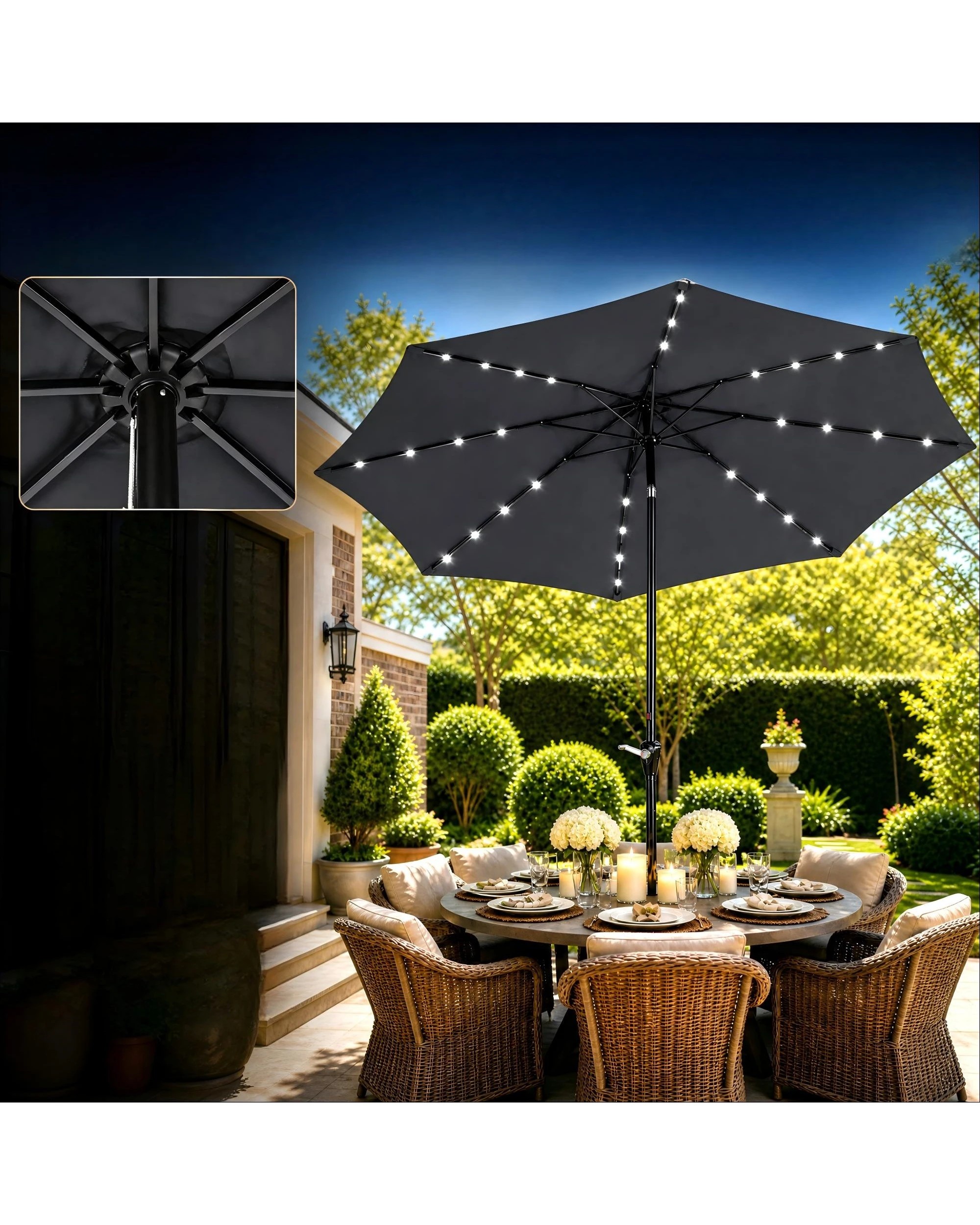 3 Advwin Solar Patio Umbrella with Base, 3m Outdoor Umbrella with 32 LED Lights & Cover - Grey, 3 of 9