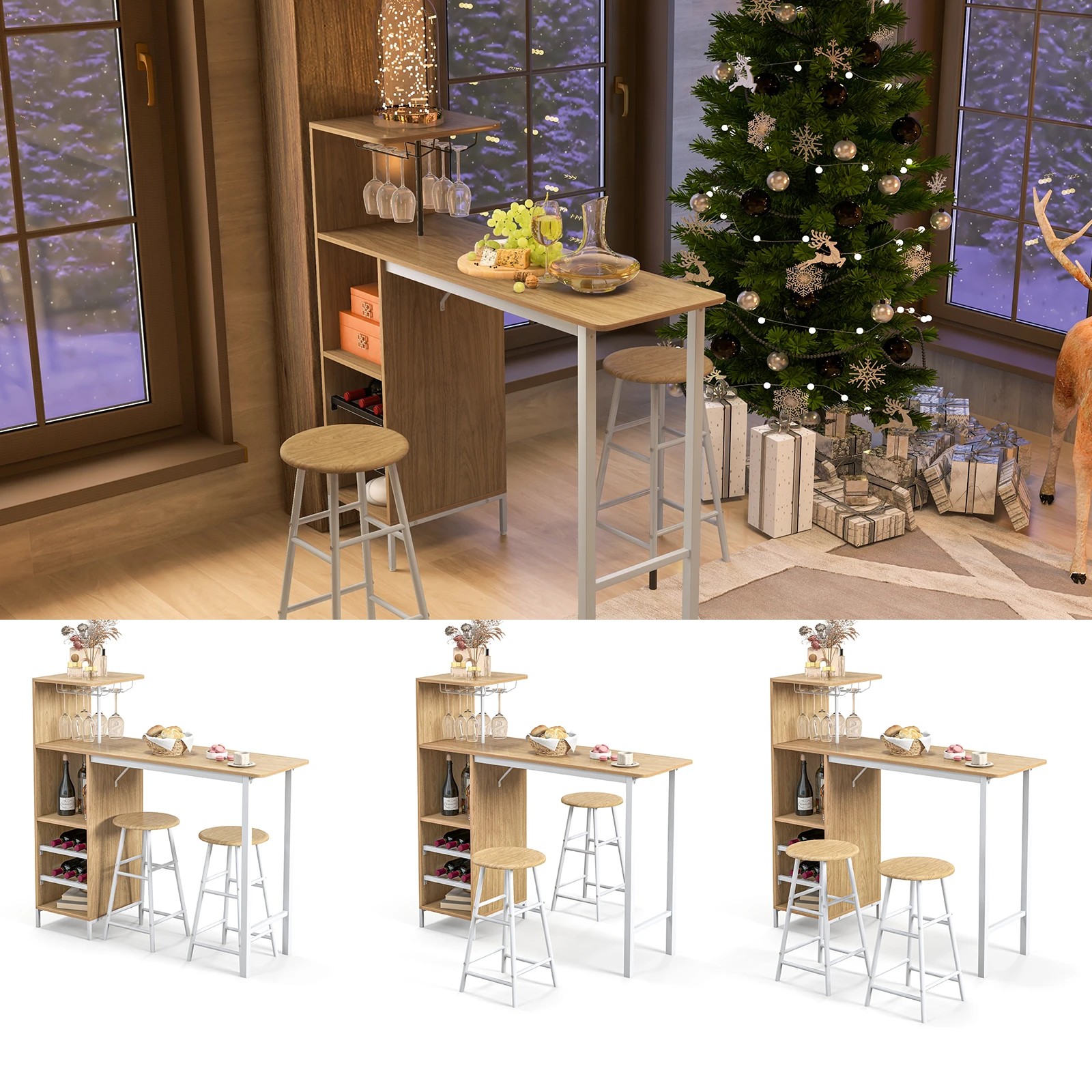 7 Costway 3PCS Bar Table Stool Set 120cm Dining Table Set w/Glass Holders & Wine Rack, 7 of 7