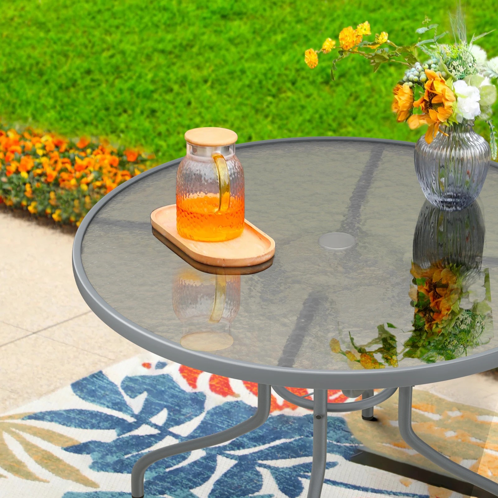 6 Alfordson Outdoor Furniture Patio Dining Table Garden 90CM Round Glass - Grey, 6 of 9