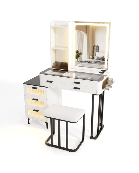 Costway Dressing Table Stool Set w/Vanity LEDs Mirror Power