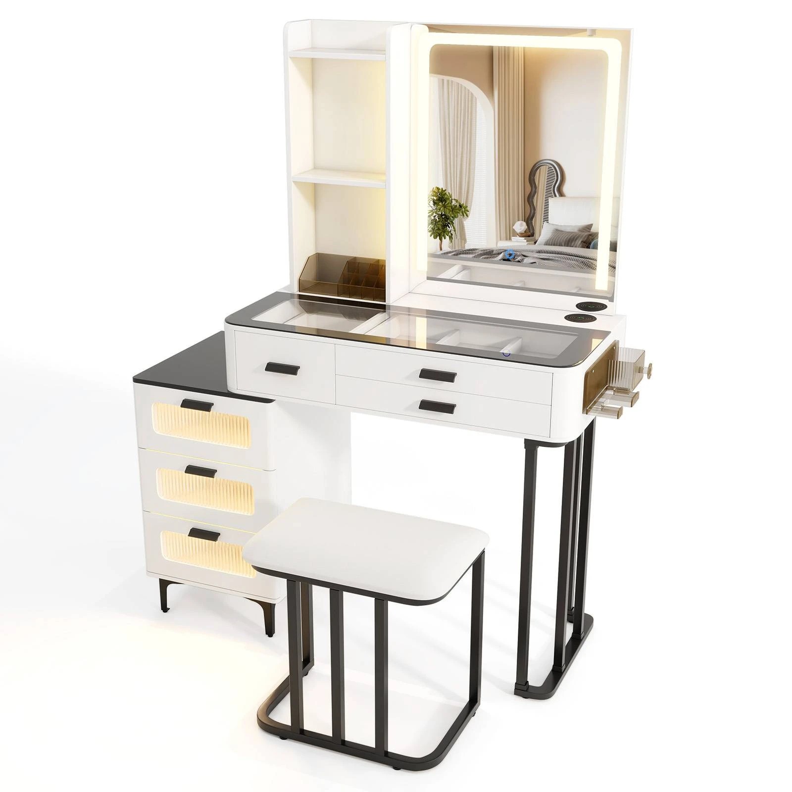 1 Costway Dressing Table Stool Set w/Vanity LEDs Mirror Power Outlets, 1 of 9