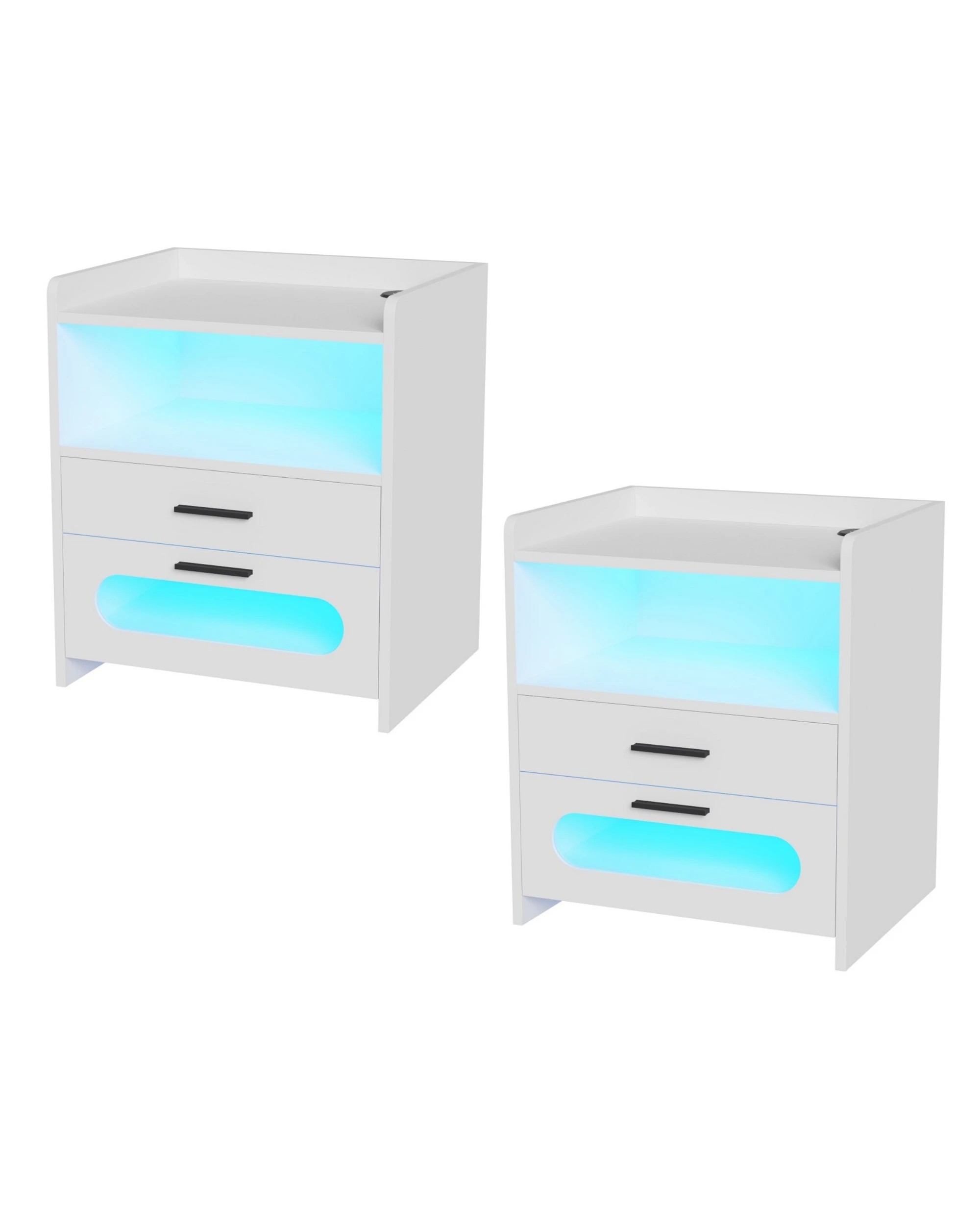 1 Advwin Set of 2 Bedside Table Wireless Charging Station Led Lights 2 Drawers - White, 1 of 7