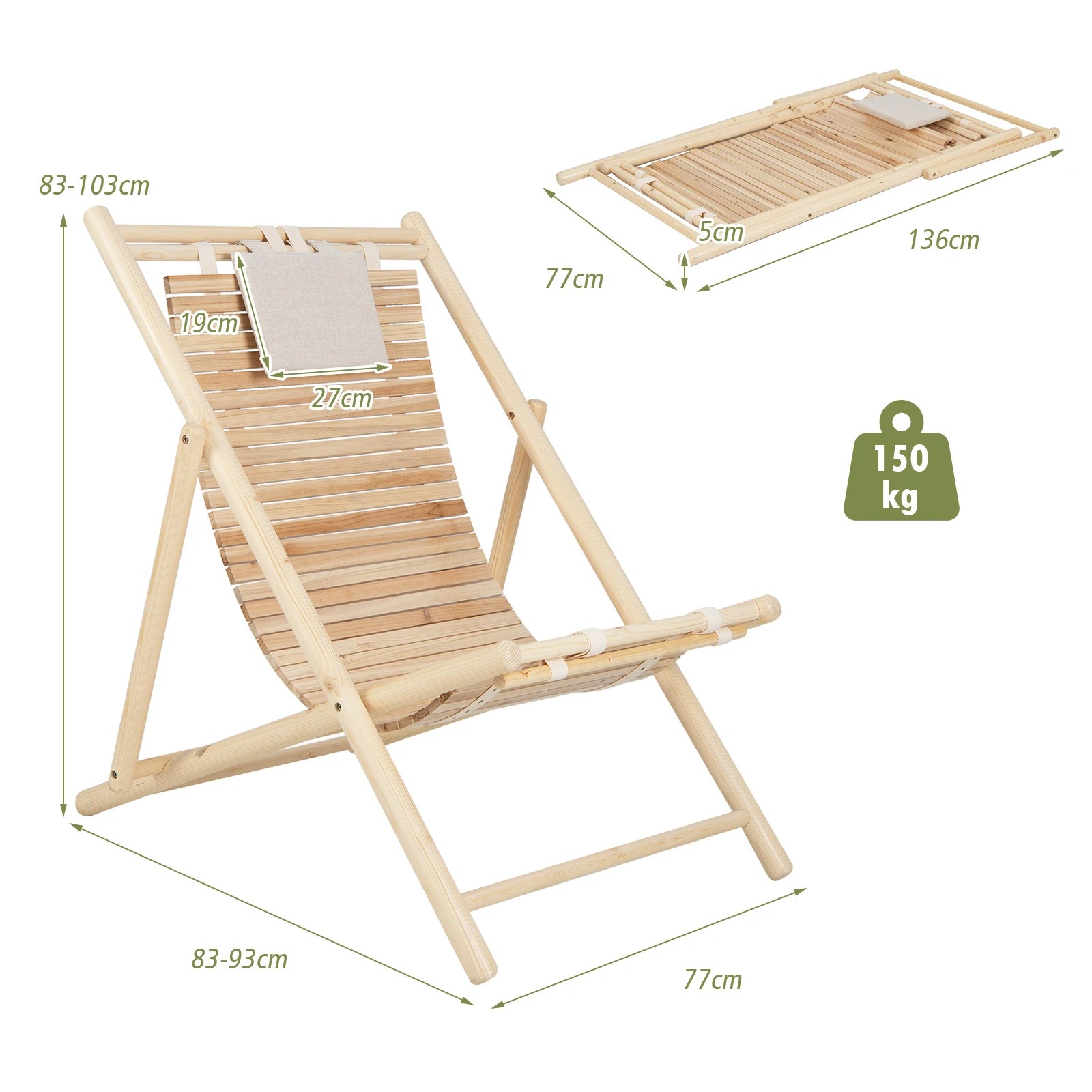 2 Costway Outdoor Adjustable Sling Chair Folding Wooden Lounger w/3 Adjustable Positions - Natural, 2 of 3