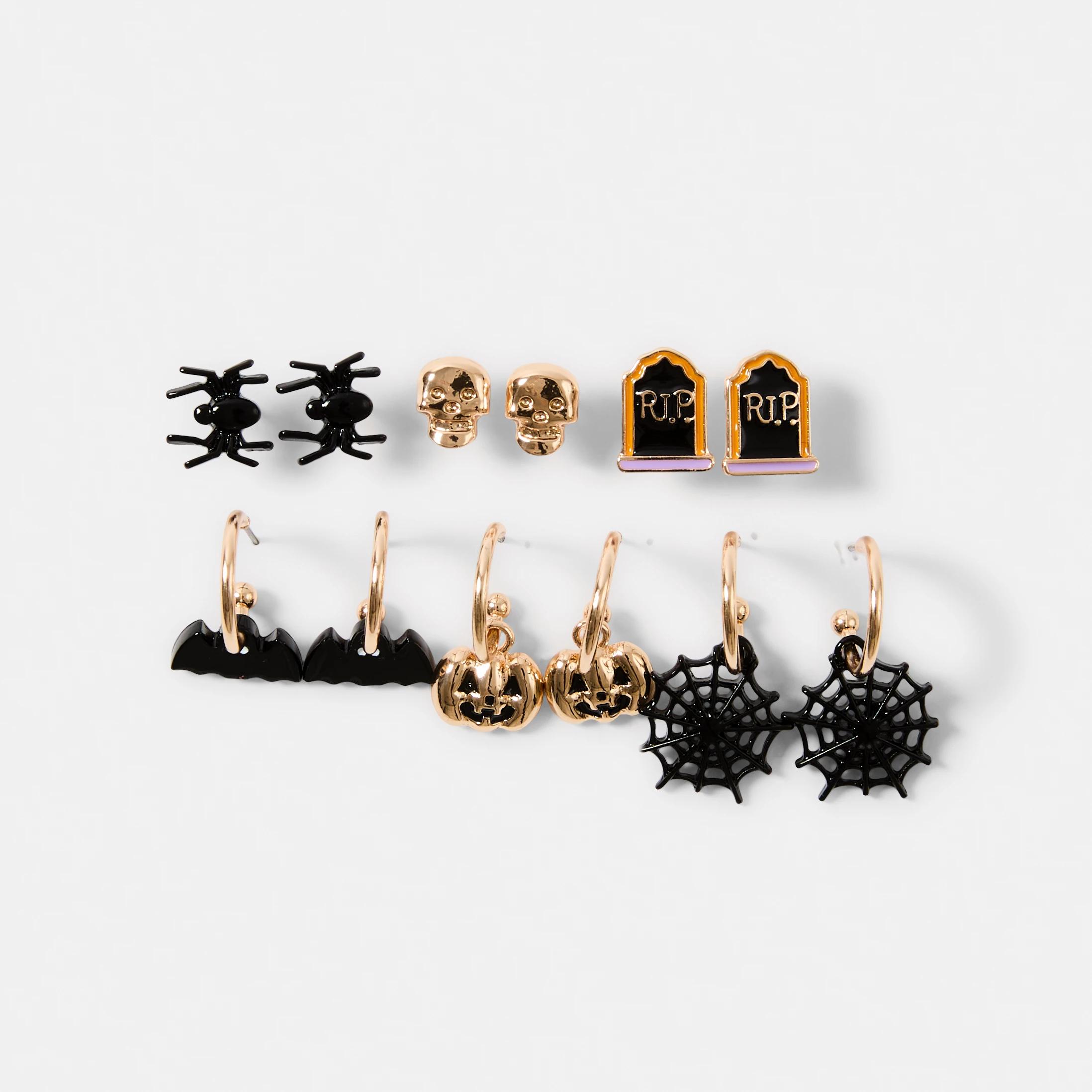 1 6 Pack Halloween Bat Earrings - Black and Gold Tone Gold, 1 of 4