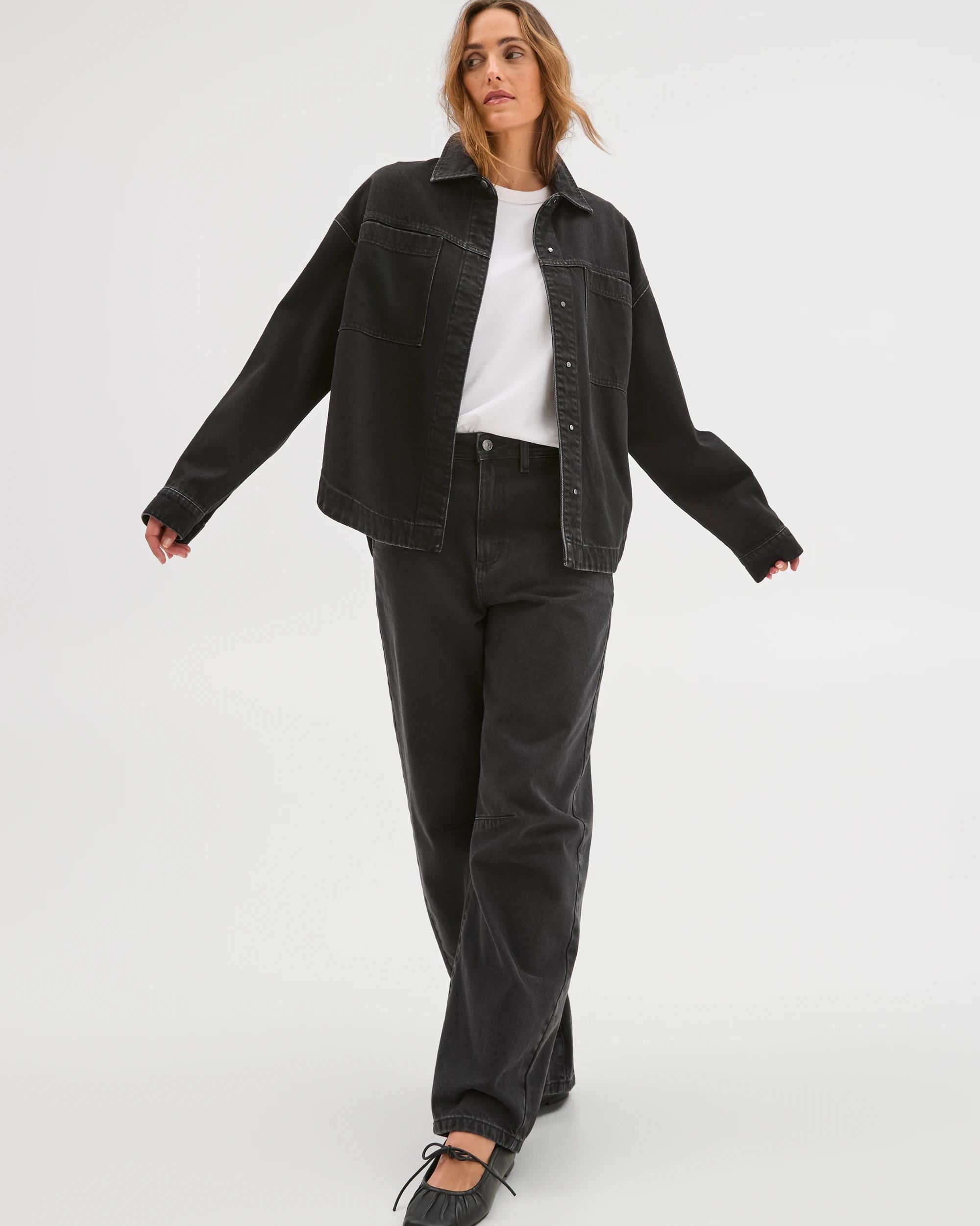 1 Target Denim Long Sleeve Denim Shacket WORN BLACK, 1 of 7