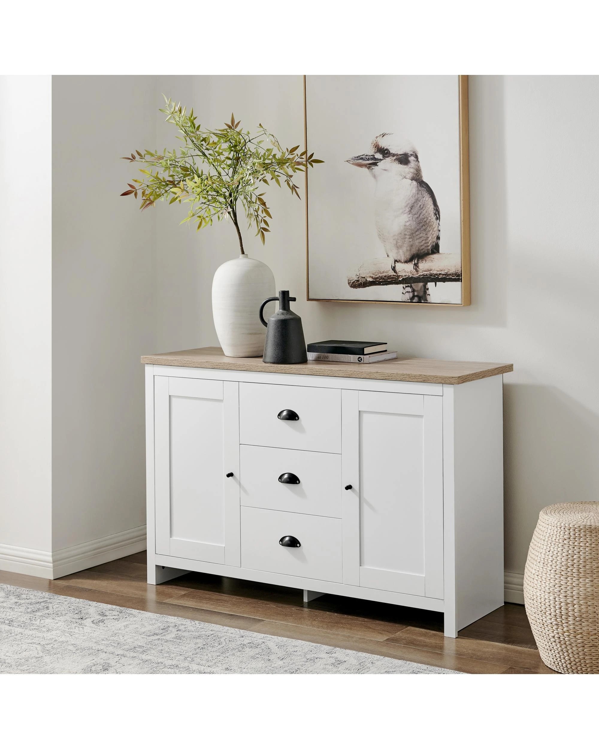 3 Kodu Buffet Sideboard 2 Doors 3 Drawers Storage Cupboard Cabinet White and Oak, 3 of 9