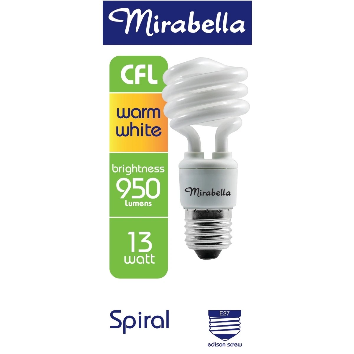 1 Mirabella E27 13W Warm White Spiral CFL Bulb, 1 of 1