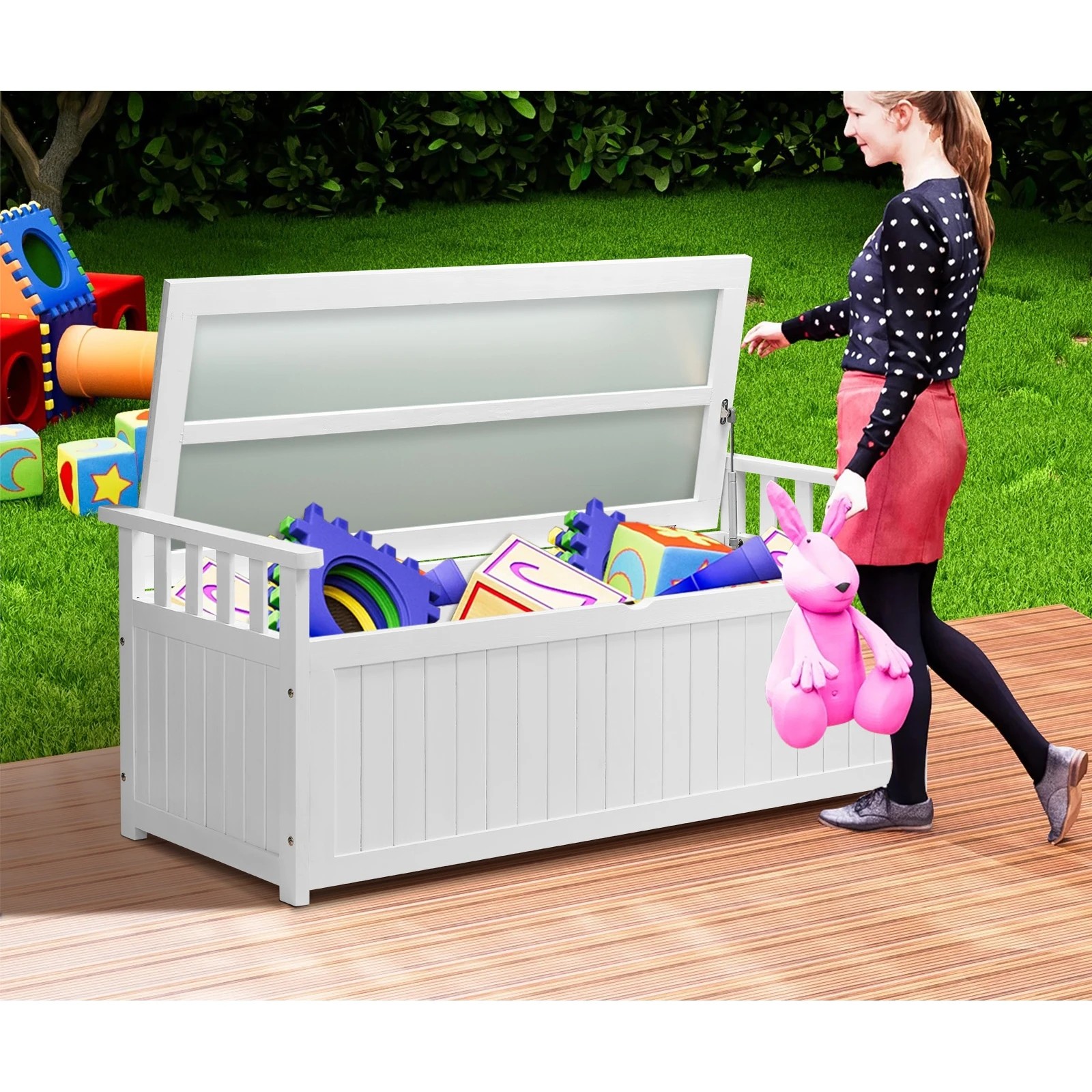 4 Livsip Outdoor Storage Box Garden Bench Wooden Cabinet Container Chest Toy Tool - White, 4 of 7