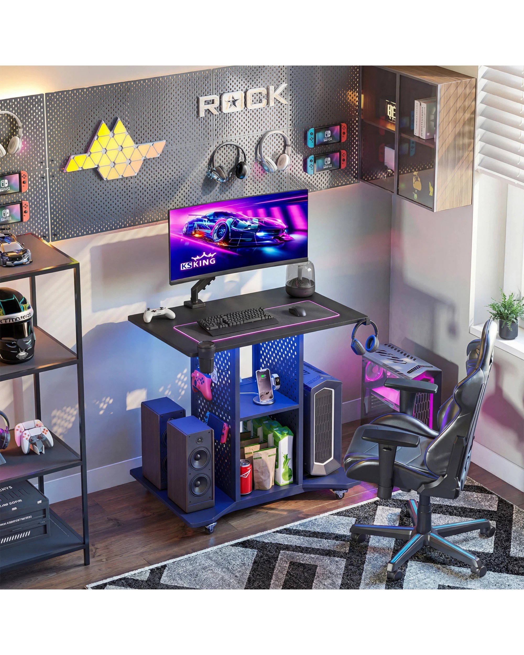 1 Movable Gaming Desk with LED Lights & Power Outlet, 1 of 8