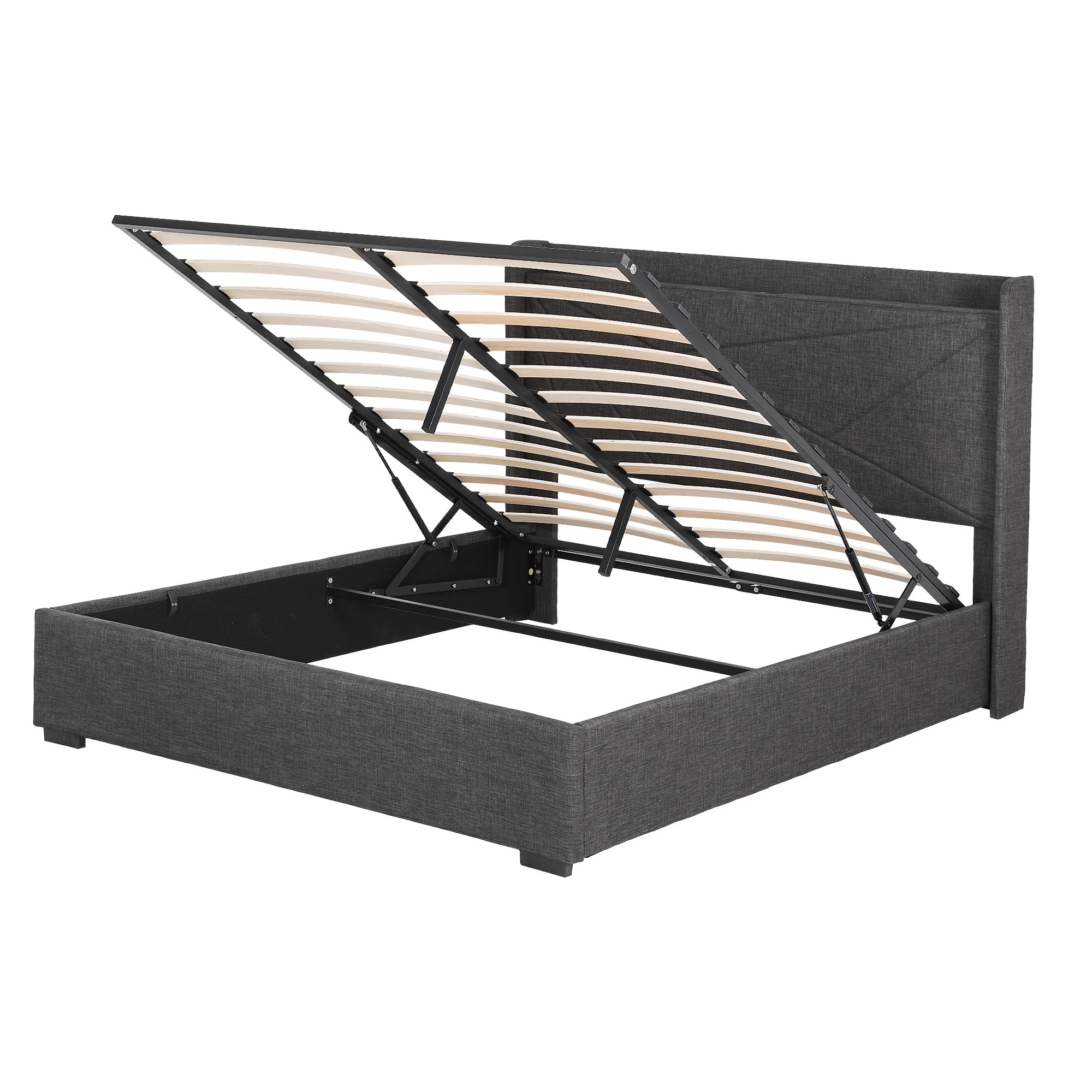 4 Artiss Double Bed Frame Gas Lift Storage Bed with Charging Ports Upholstered Geometric Headboard Charcoal - Black, 4 of 9