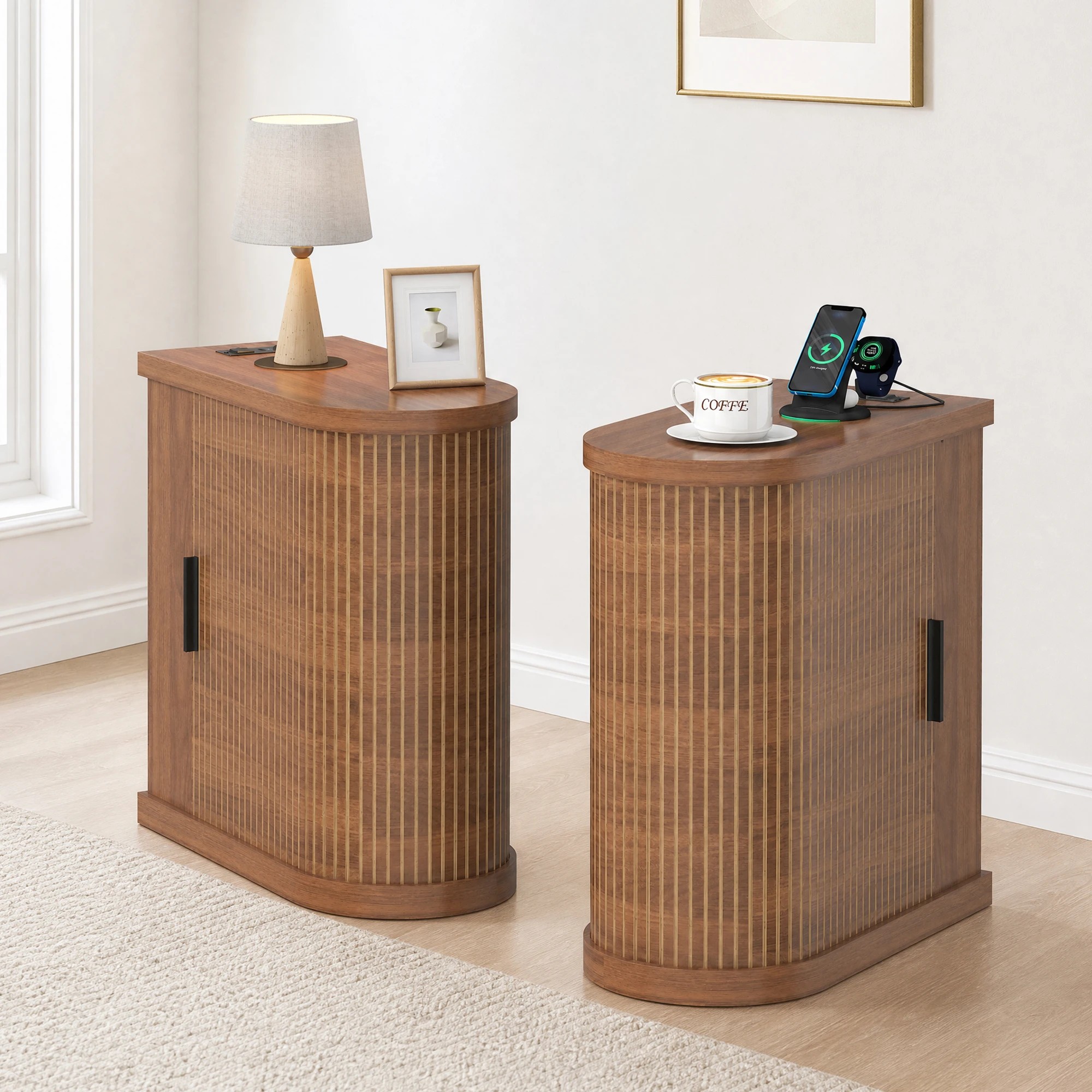 3 Advwin 2pcs Narrow Side Table Fluted Sliding Door Storage Cabinet Compact Bedside Table 60x30x62cm - Brown, 3 of 5