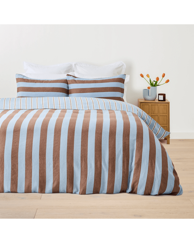 Stripe Cotton Linen Reversible Quilt Cover Set - Queen Bed, Blue and
