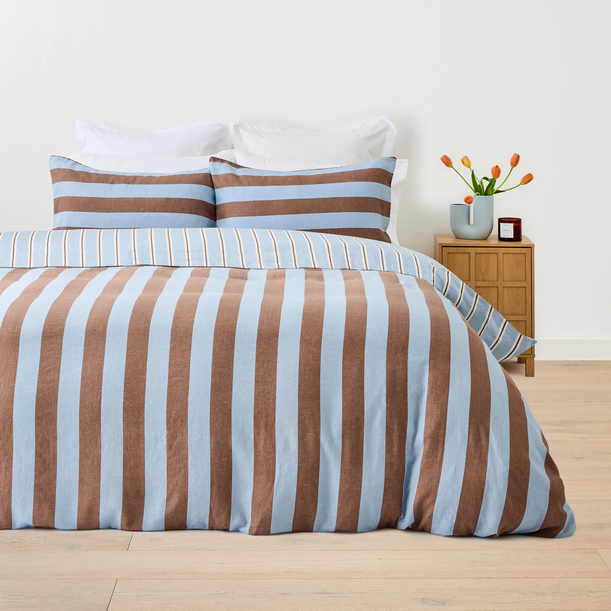 1 Stripe Linen Cotton Reversible Quilt Cover Set - Queen Bed, Blue and Tan, 1 of 8