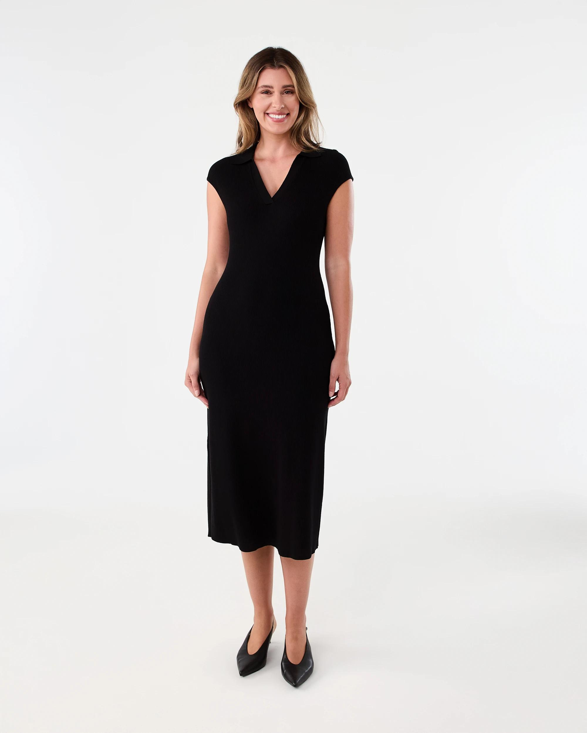 1 Short Sleeve True Knit Collared Midi Dress Black, 1 of 5