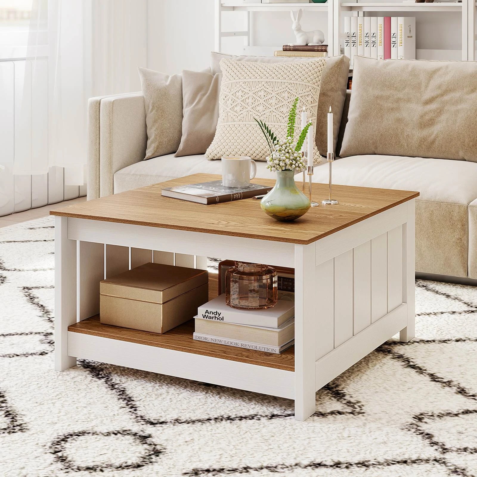 4 Costway Coffee Table Square Cocktail Table w/Storage Shelf Farmhouse Rustic Center Table, 4 of 5