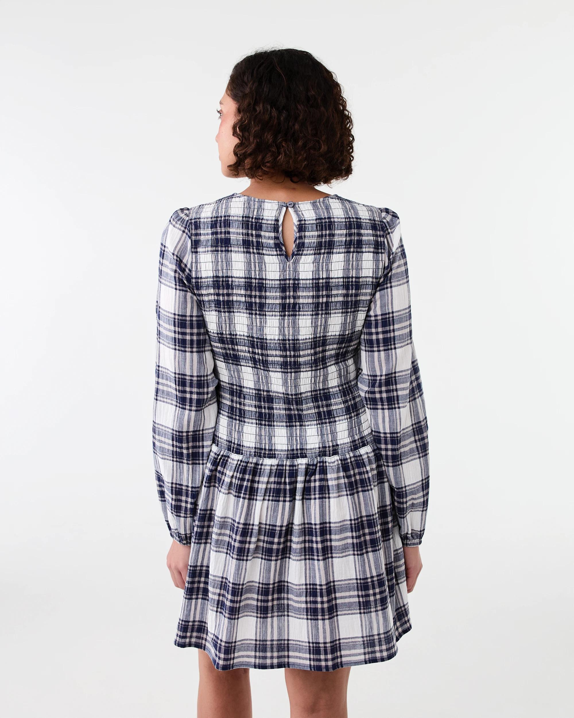 2 Long Sleeve Shirred Mini Dress Check Nvy, 2 of 9
