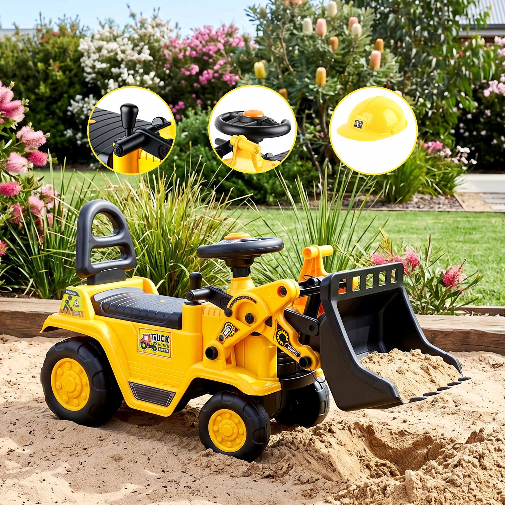 5 Keezi Kids Ride On Toy Car Bulldozer and Digger with Helmet Outdoor Sandpit Toys Yellow - Yellow, 5 of 9