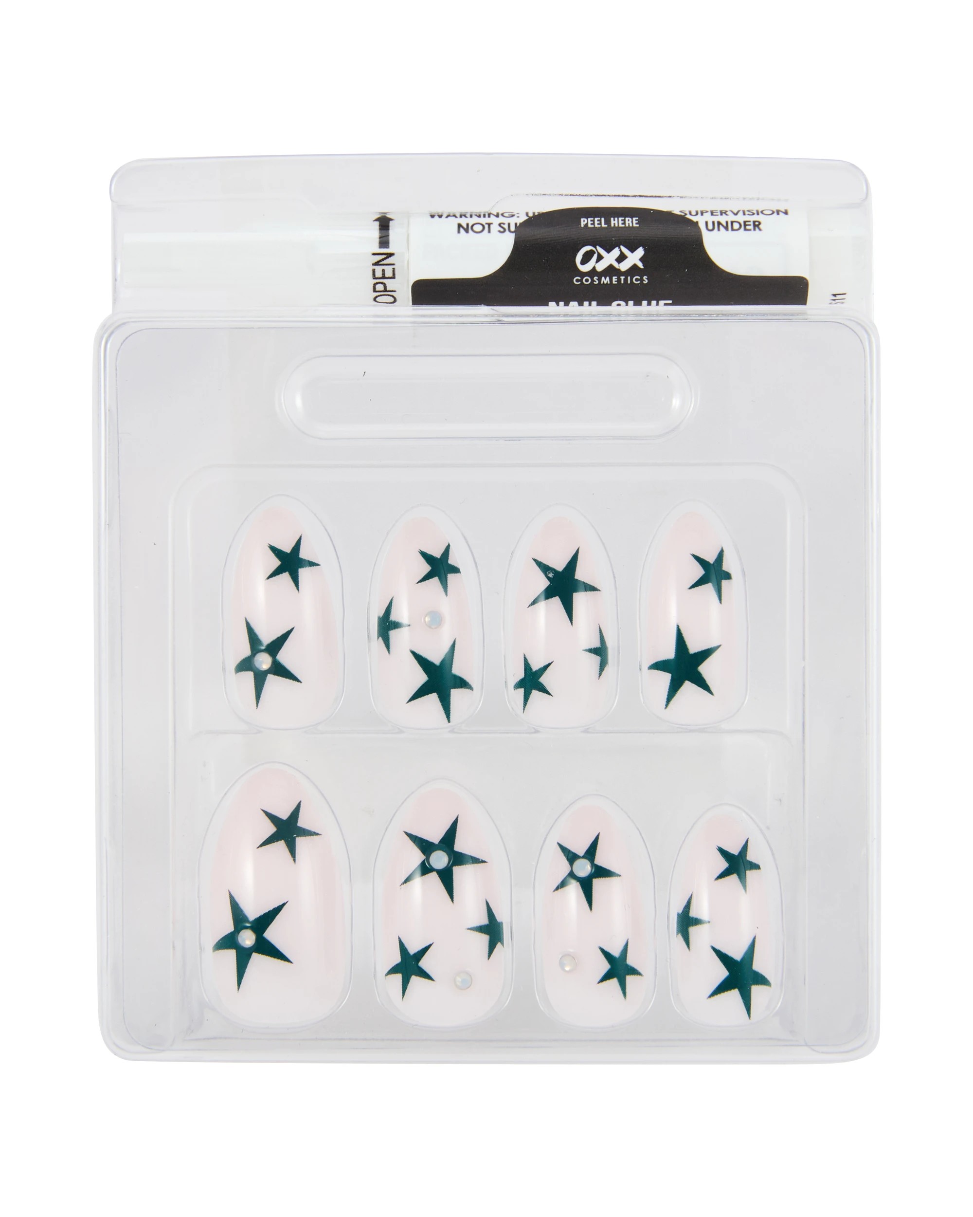 3 OXX Cosmetics 24 Pack Artificial Nails with Adhesive - Pointed Stiletto Shape, Teal Stars with Gems, 3 of 4