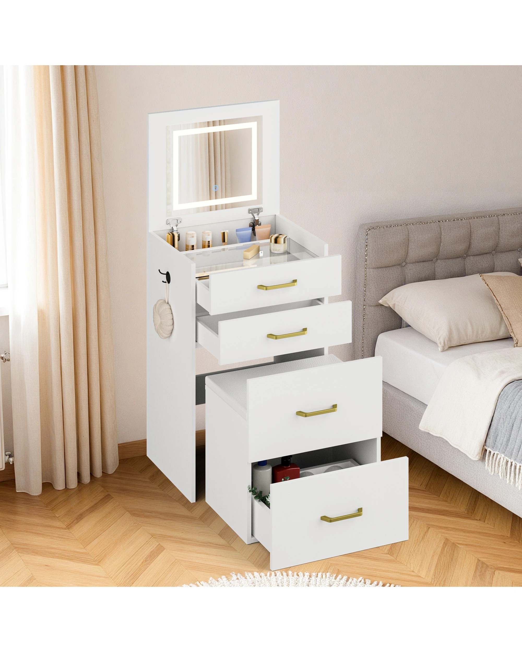 5 Advwin Dressing Table Stool Set with Flip-up Mirror - White, 5 of 10