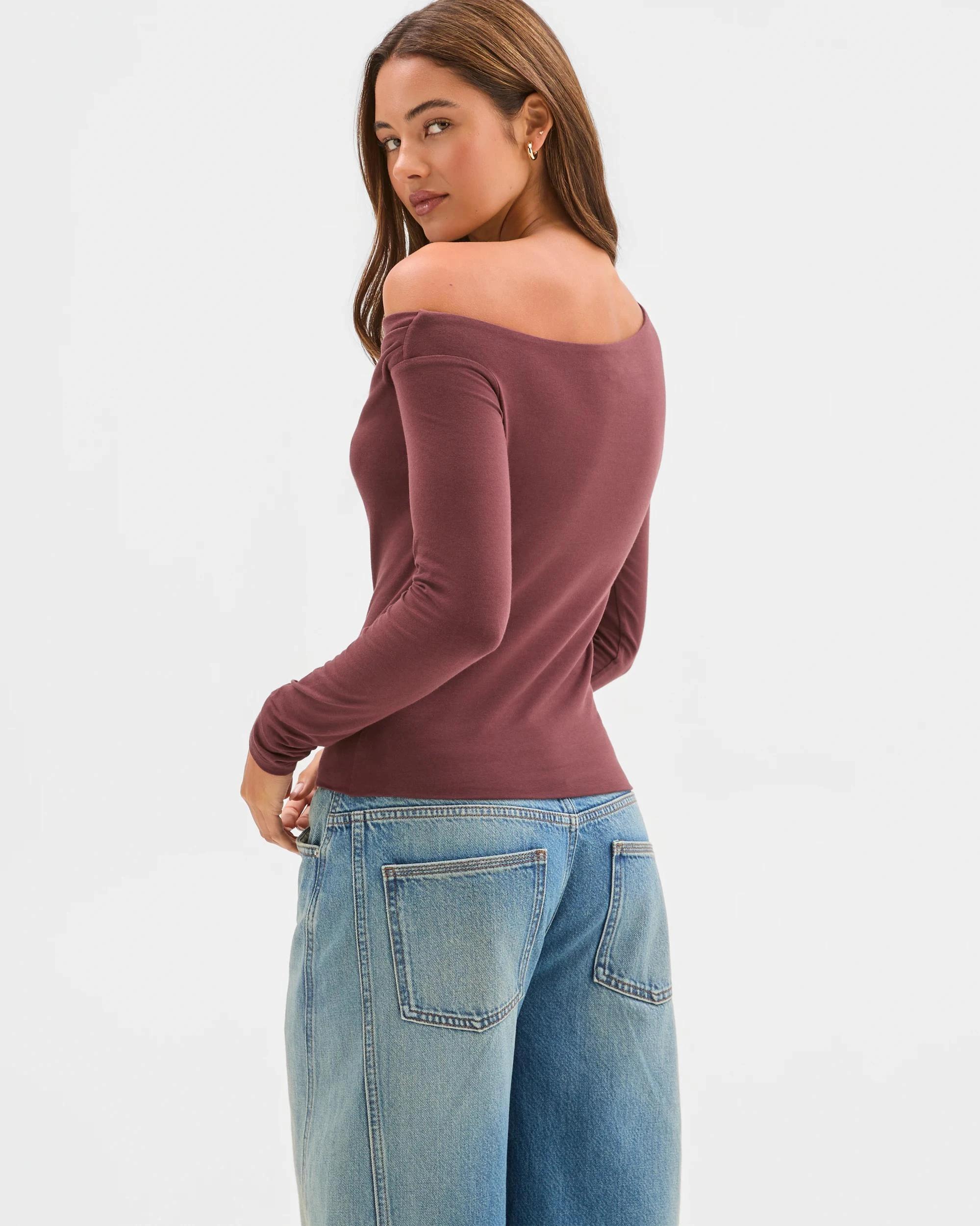 7 Lily Loves Australian Cotton Off Shoulder Long Sleeve Top BURGUNDY, 7 of 7
