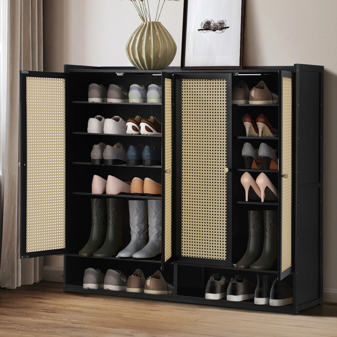 3 Oikiture Shoe Storage Cabinet Shoes Rack Organiser Shelf 4 Doors Rattan
 - Black, 3 of 9