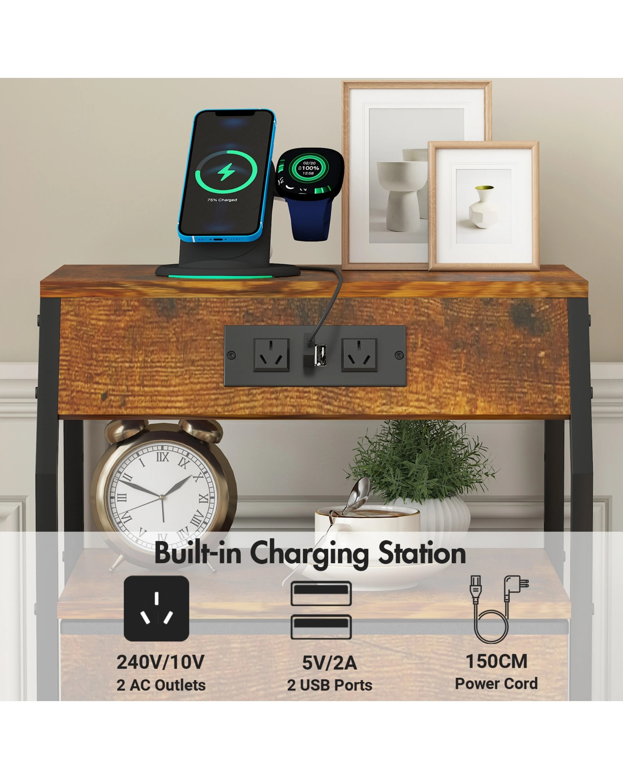 6 Advwin Bedside Table Set Of 2 With Charging Station 3 Fabric Drawers Nightstand, 6 of 7