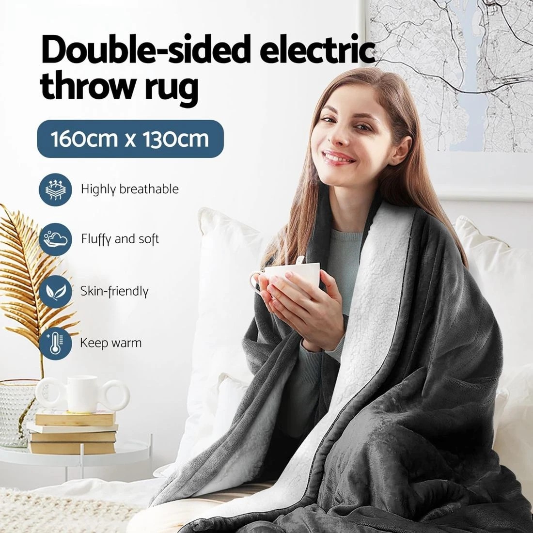 5 Giselle Electric Throw Rug Heated Blanket Double Sided - Grey, 5 of 8