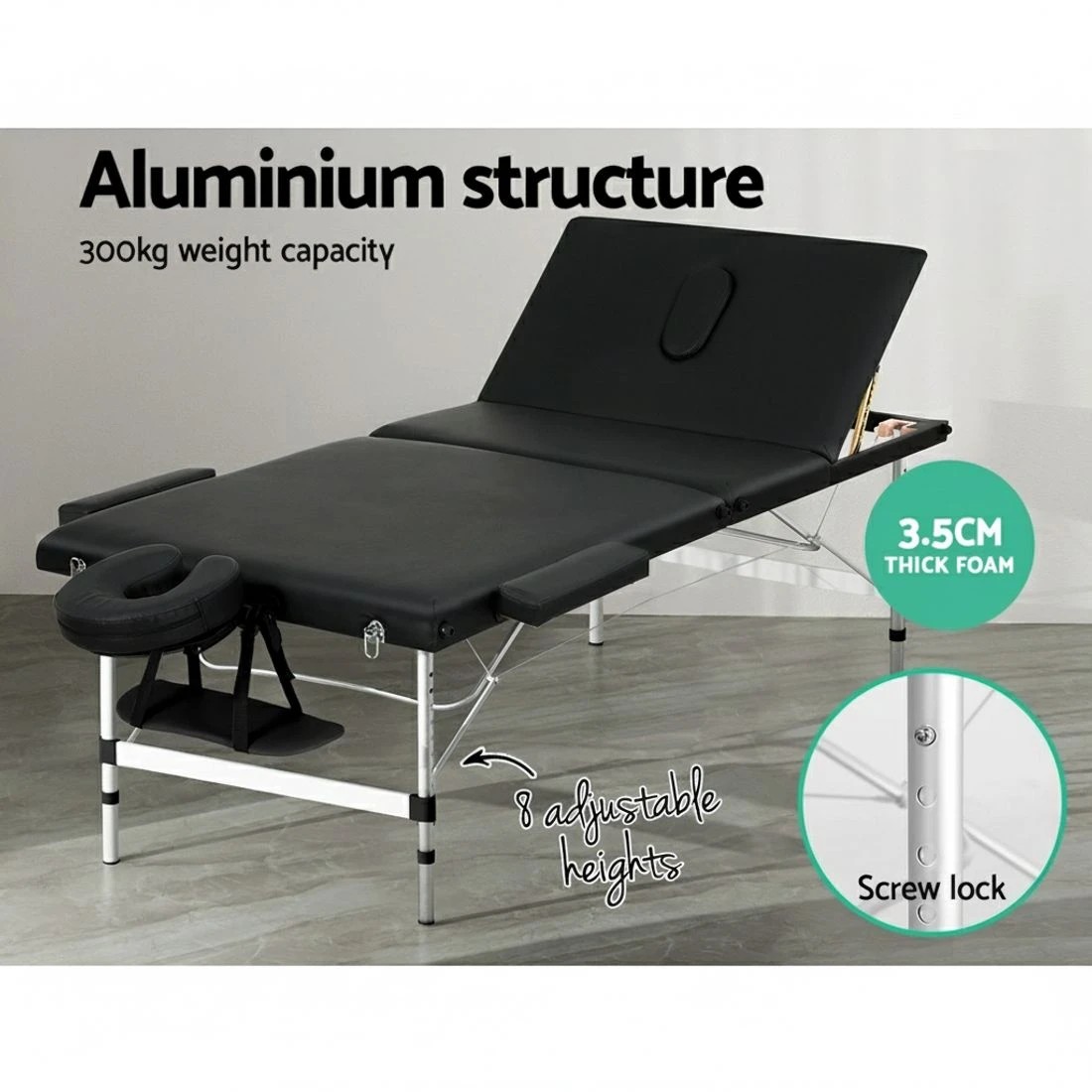 4 Zenses Massage Table 85cm Portable 3 Fold Aluminium Beauty Bed - Black, 4 of 6
