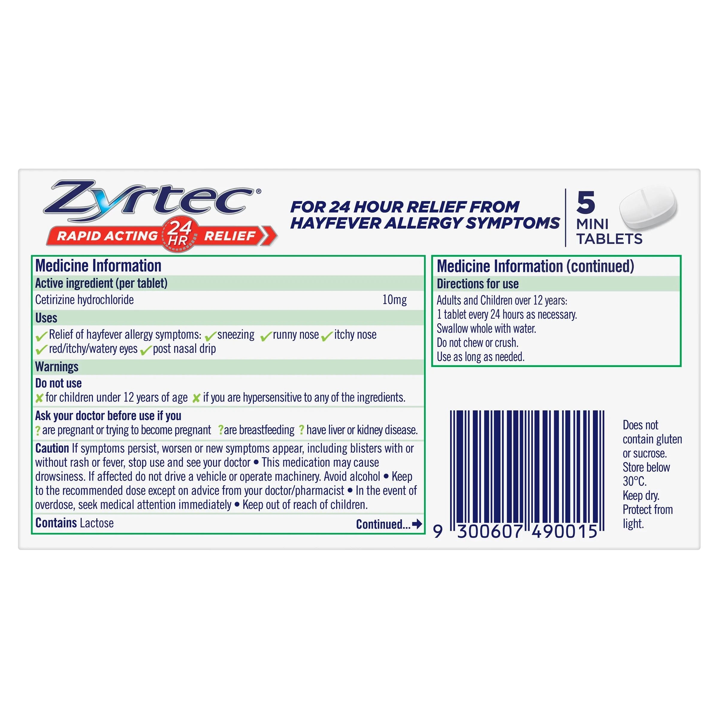 2 5 Pack Zyrtec Rapid Acting Hayfever Allergy Relief Antihistamine Mini Tablets - Green, 2 of 6