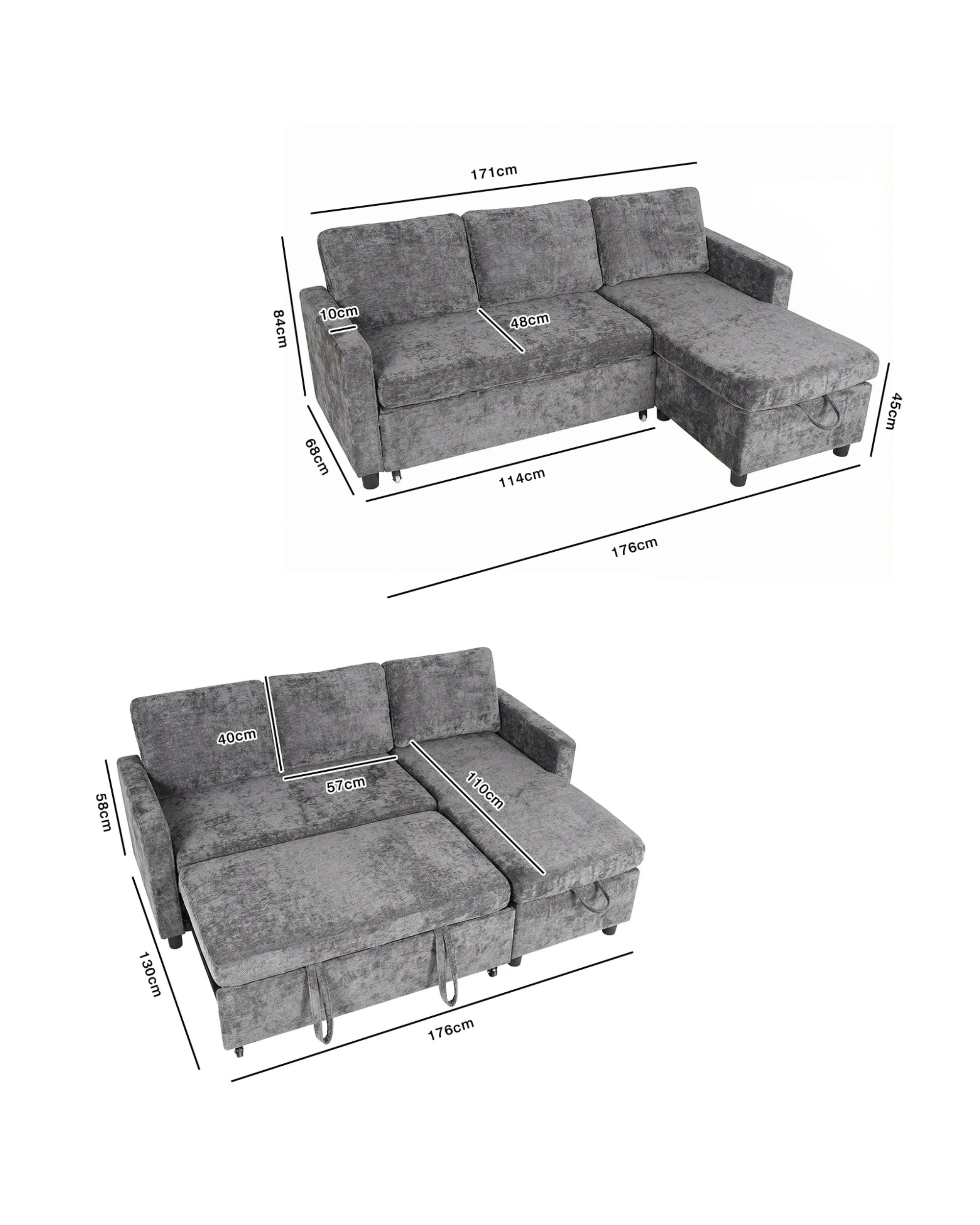 10 Advwin 194cm L Shape Convertible Sleeper Sofa Bed w/ Storage Chaise - Grey, 10 of 10